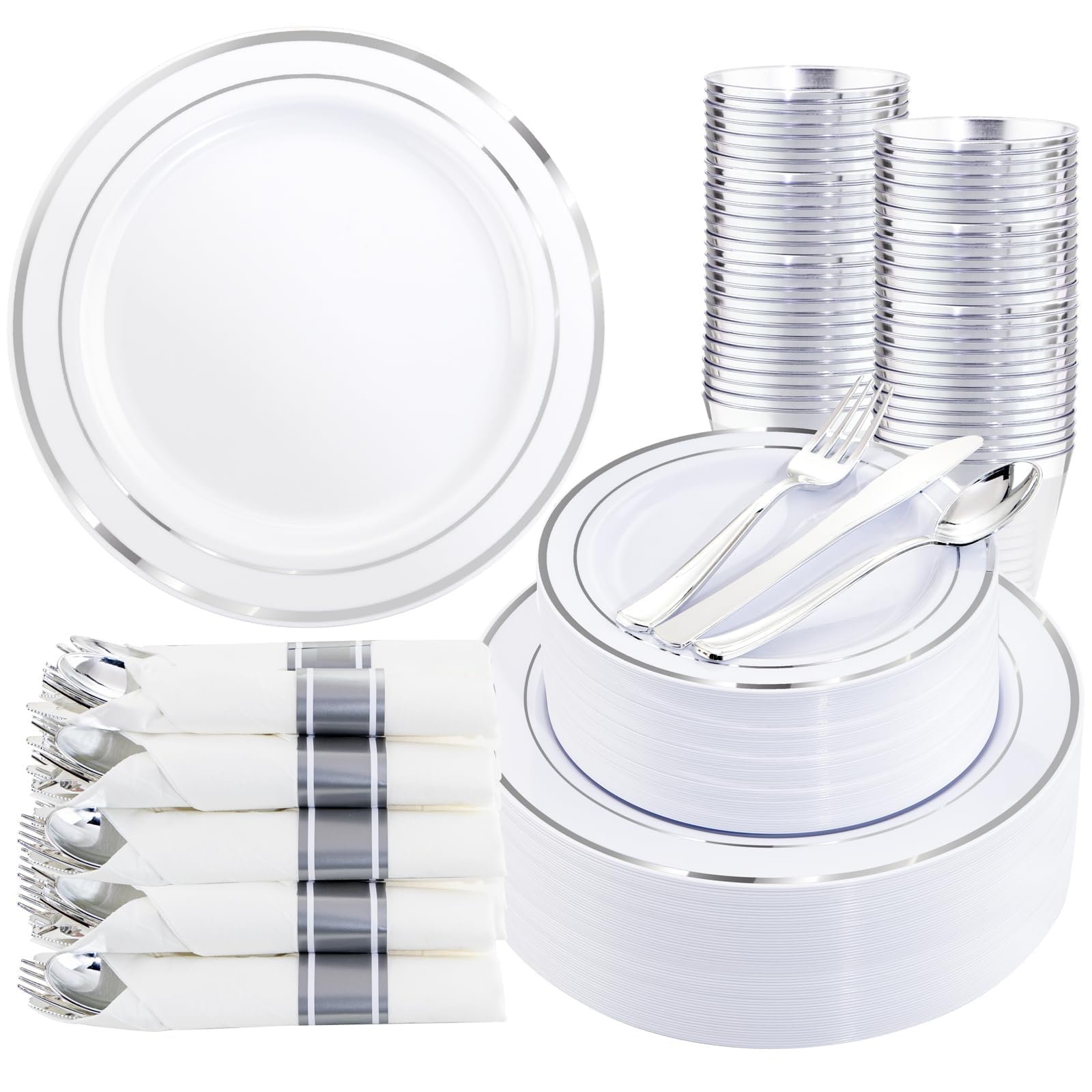 350Piece Silver Plastic Dinnerware Set for 50 Guests - Silver Plastic Plates with Cutlery Include:50Dinner Plates-50Dessert Plates-50Pre Rolled Napkins with Silverware