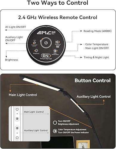 Miniatura 5 de Lámpara de escritorio LED con abrazadera, lámpara de escritorio de arquitecto con control remoto, luz de escritorio de brazo oscilante flexible con