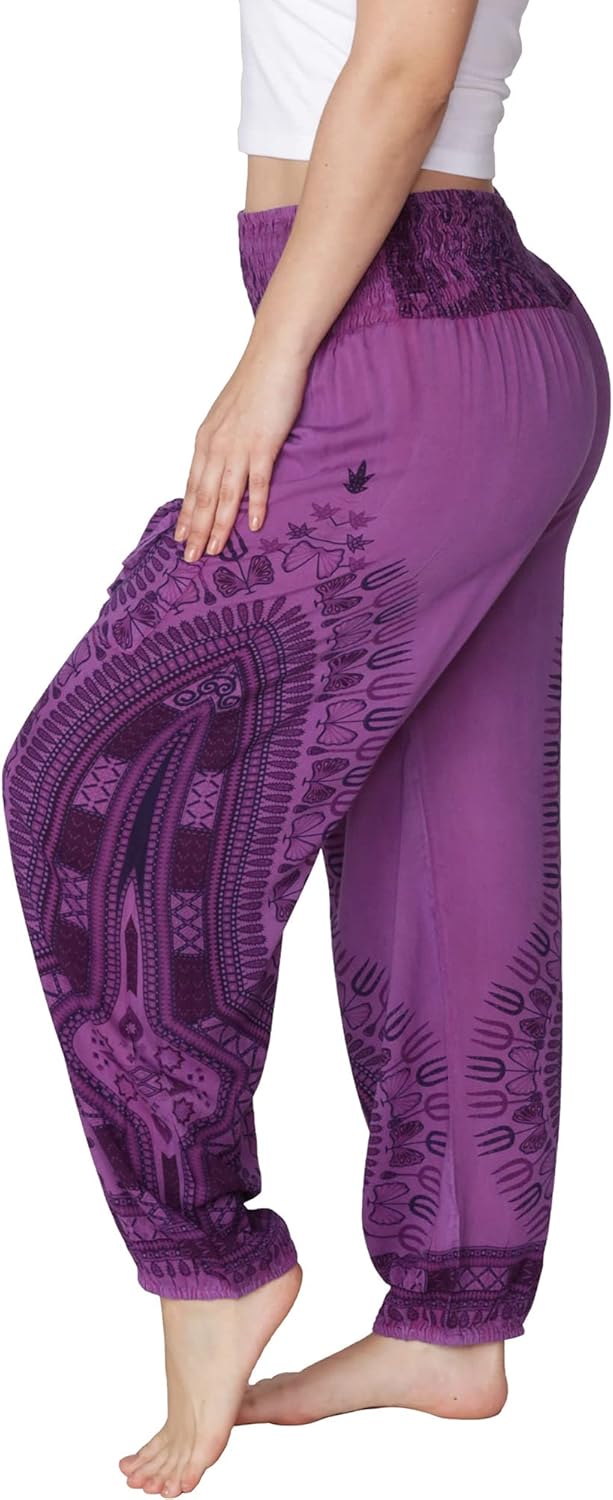 INGEAR Smocked Boho Harem Pants for Women - Hippie Bohemian Casual Gypsy Print, Ideal Yoga Pant - Baggy Harem Pants