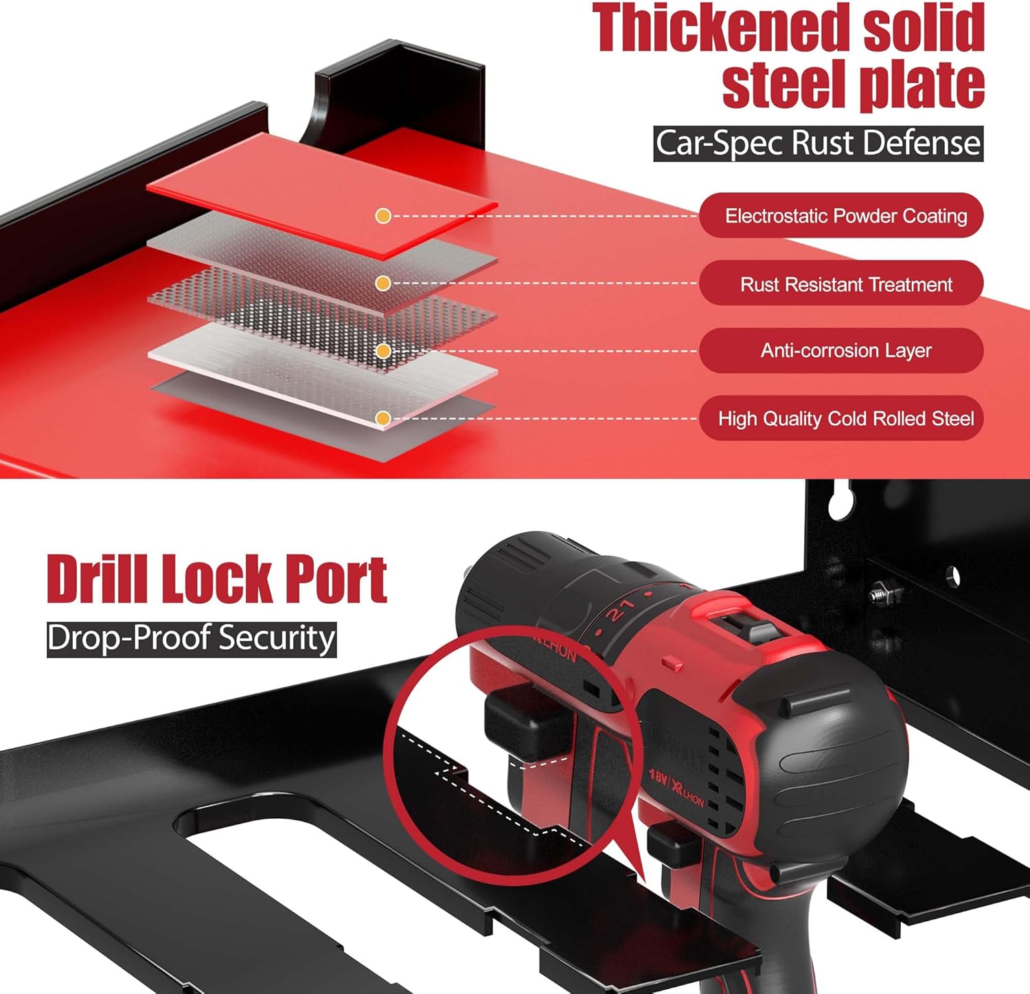 Power Tool Organizer with Charging Station, 6 Drill Holders Wall Mount, Heavy Duty Metal Premium Garage Tool Shelf, Gift for Man Cordless Tool Storage Rack with 4 Outlet Power Strip - Red