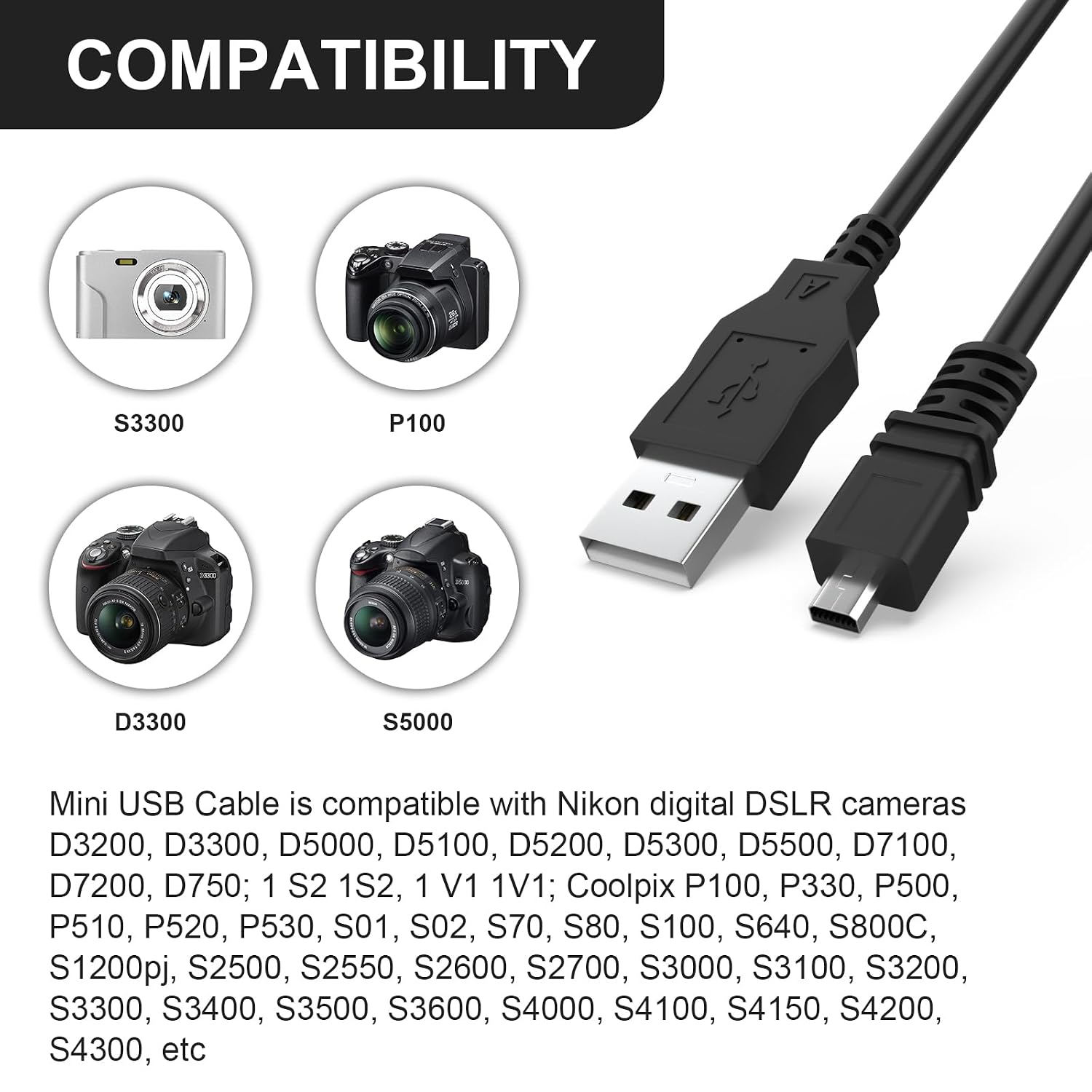 UC-E6 USB Cable Compatible with Nikon D3200 D3300 D3400 D5000 D5200 D5300 D5500 D7100 D7200 D750, Coolpix B500 L330 L340 L620 L820 P500 P510 S01 S3000 S3100 S6000 S6300 S8100 AW100 Camera, 4.9ft