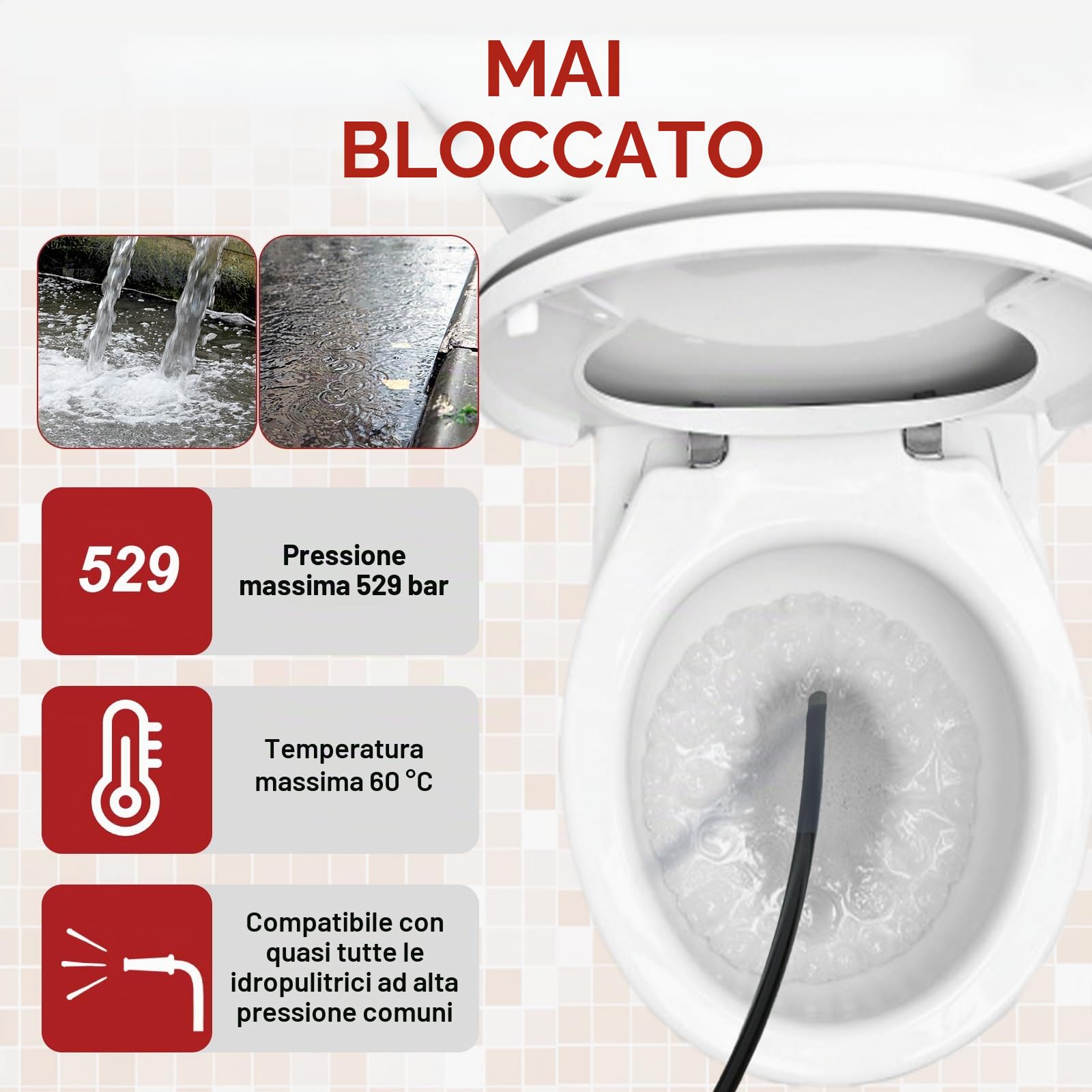 Tubo di sbocco 15 m per tubo con 3 adattatori e 2 ugelli | Tubo flessibile ad alta pressione per Karcher e Lavor, pulitore antitappo, adatto per canalizzazioni, condotti e scarichi