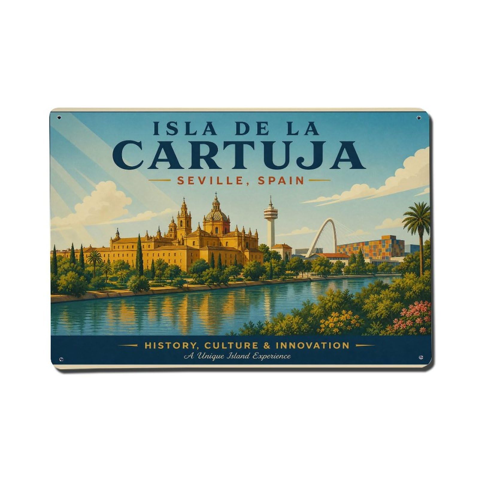 Vintage Travel Isla Cartuja Seville Monastery Island Metal Tin Sign