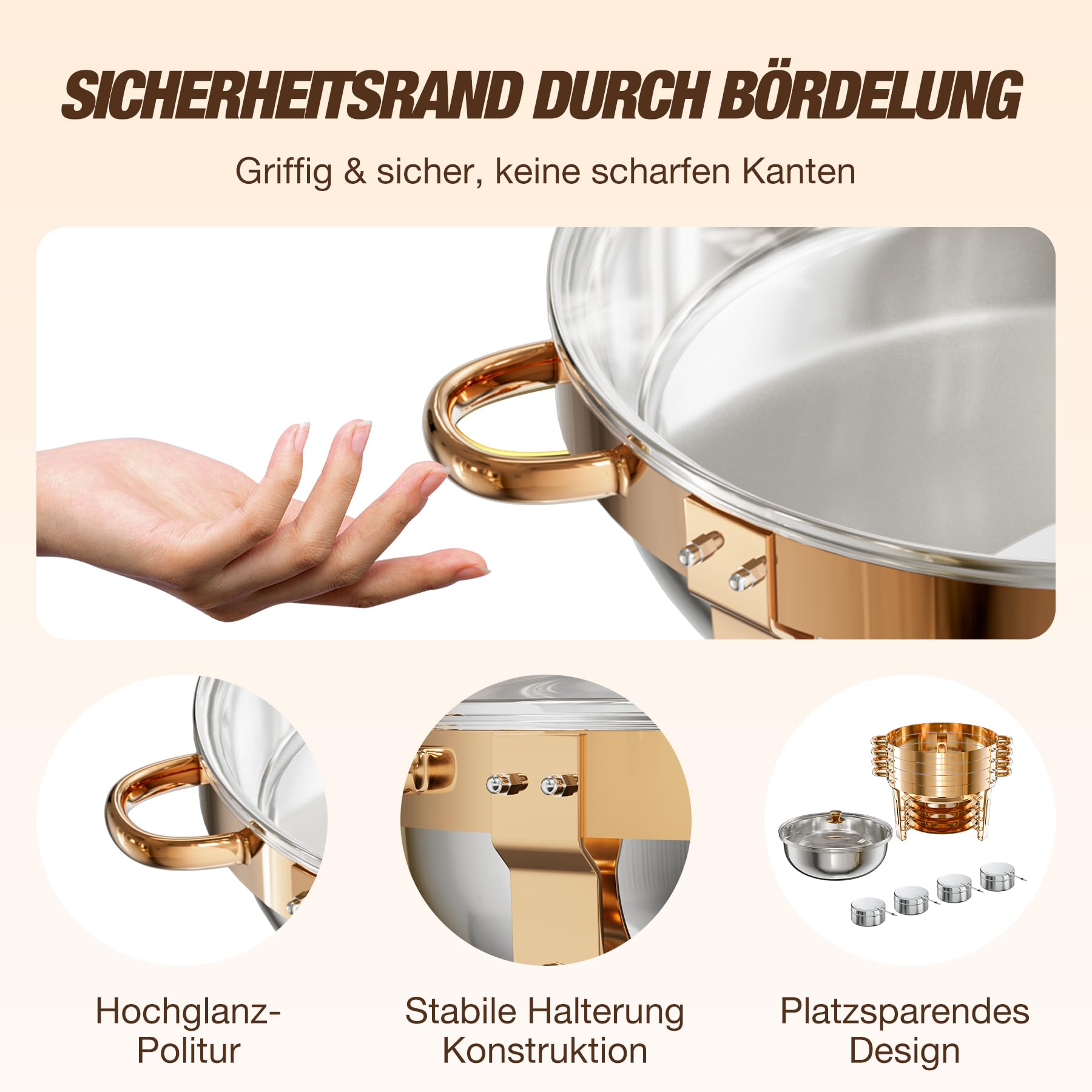 WARMOUNTS Chafing Dish Buffet 5L 2er Set Rose Gold, Rund Speisenwärmer für Catering mit Glasdeckel & Deckelhalter, Stapelbar Hochglanzpoliert Edelstahl Lebensmittelecht für Feiern, Hochzeit, Events
