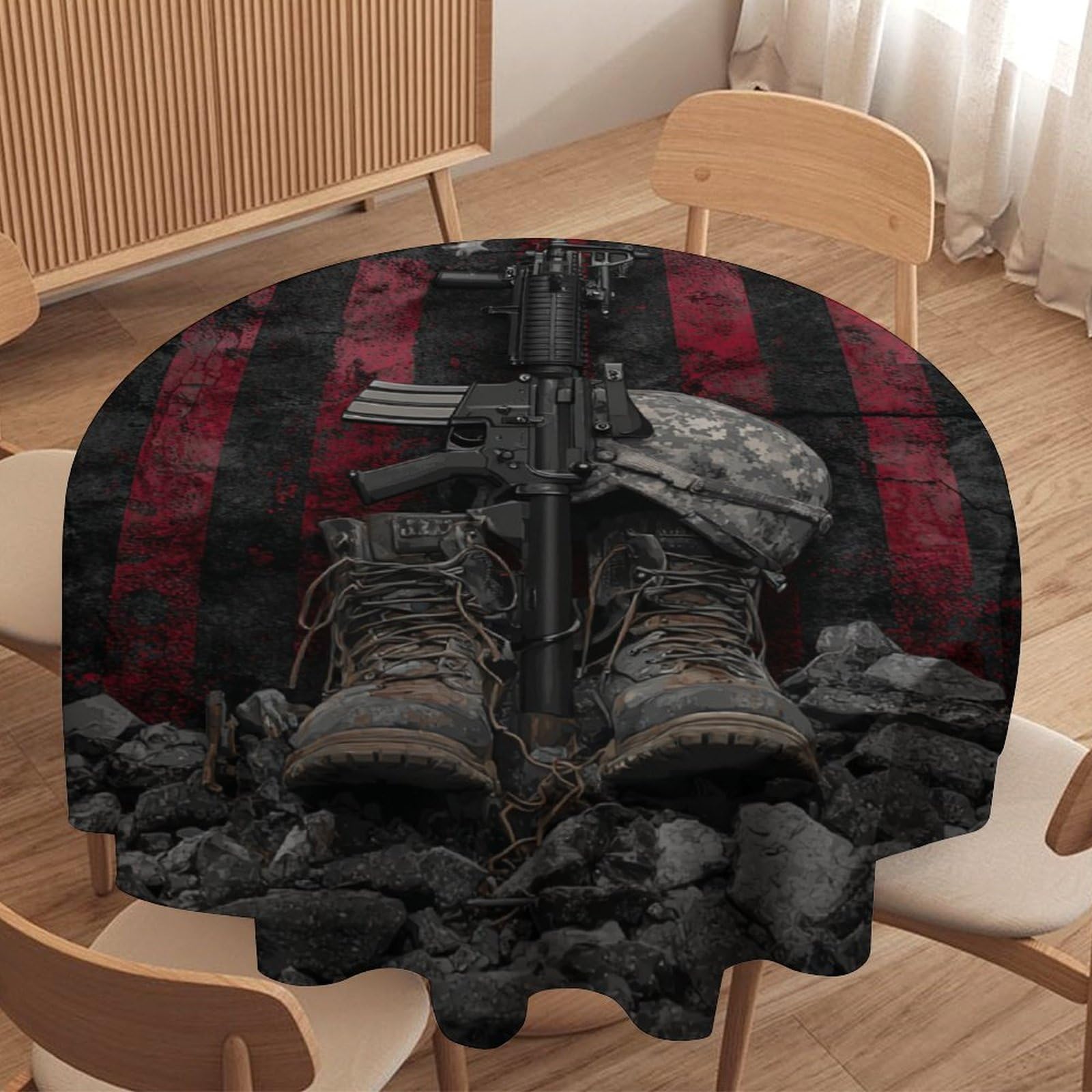 LUYYSKY Abstract Aesthetic 4th of July Waterproof Round Tablecloth Vintage Rustic Patriotic American Flag Soldier Print Washable Table Cover for Kitchen-91.4" Wx91.4 L cm
