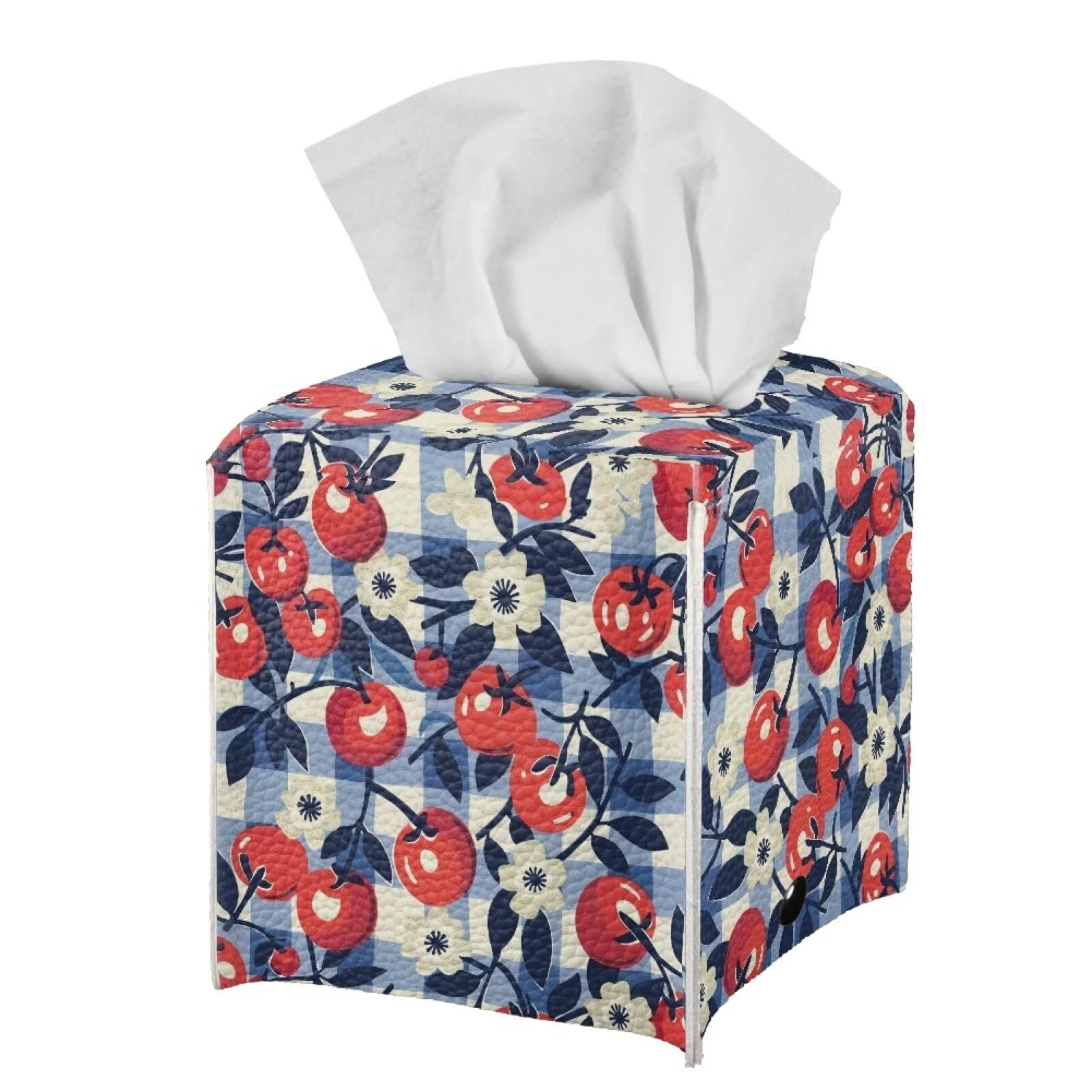 Blue Retro Plaid Apple Tissue Box Cover for Home Decor Modern Aesthetic Print Square Tissue Holder Waterproof PU Leather Tissue Cube Organizer for Living Room Bedroom Bathroom