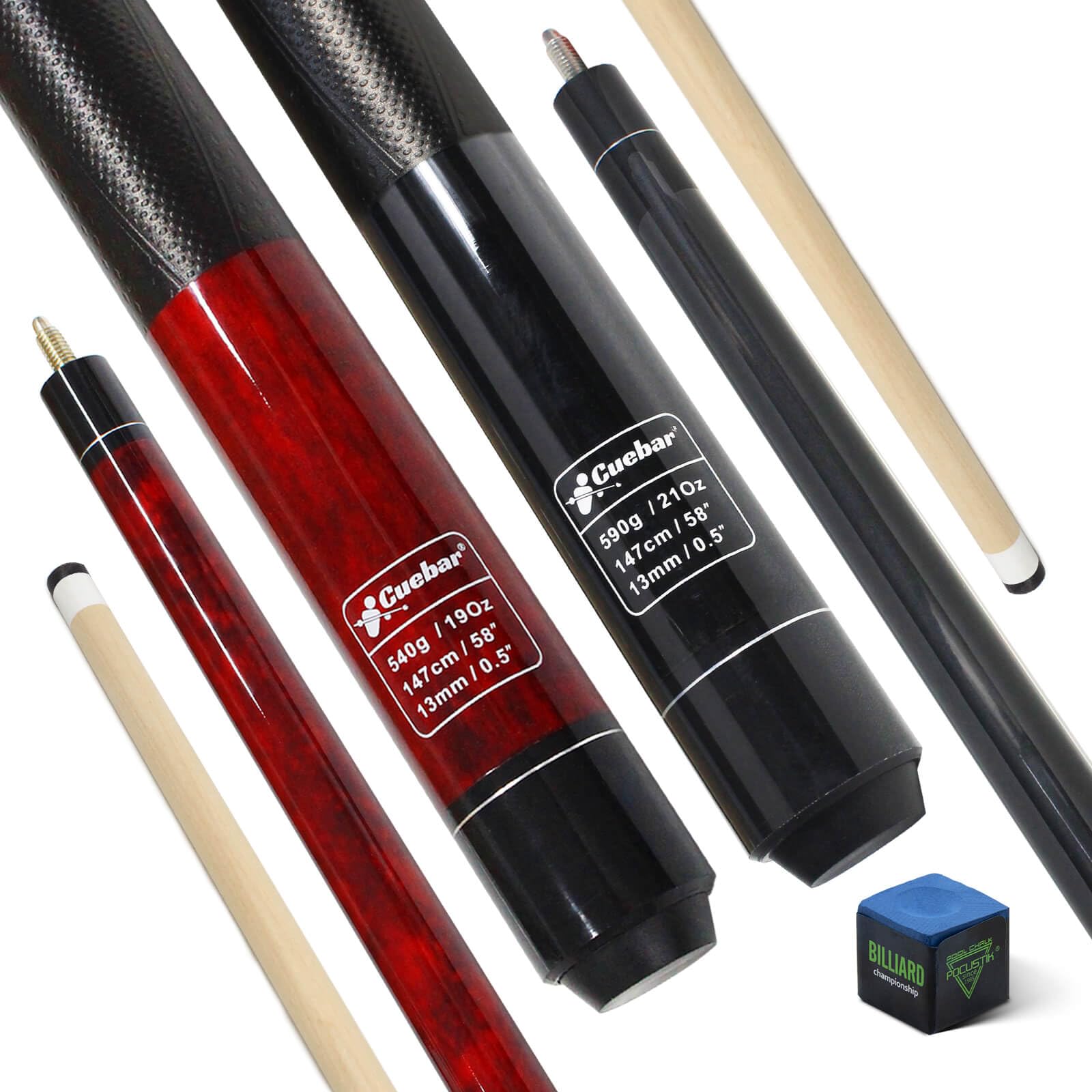 CUEBAR Pool Cues Set of 2 for Adults - 58 Inch 2-Piece Maple Billiard Sticks with 13mm Tip & 3D Grip - Incl Chalk for Home Bar or Game Room - Choose 2
