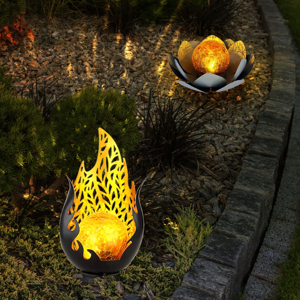 Solarleuchte Flammen Design Außen Solarblume Aussen Lotusblume Solar Crackle Glas, grau, LED Leuchtmittel, 1x Lotusblume 1x Flammen Design, 2er Set