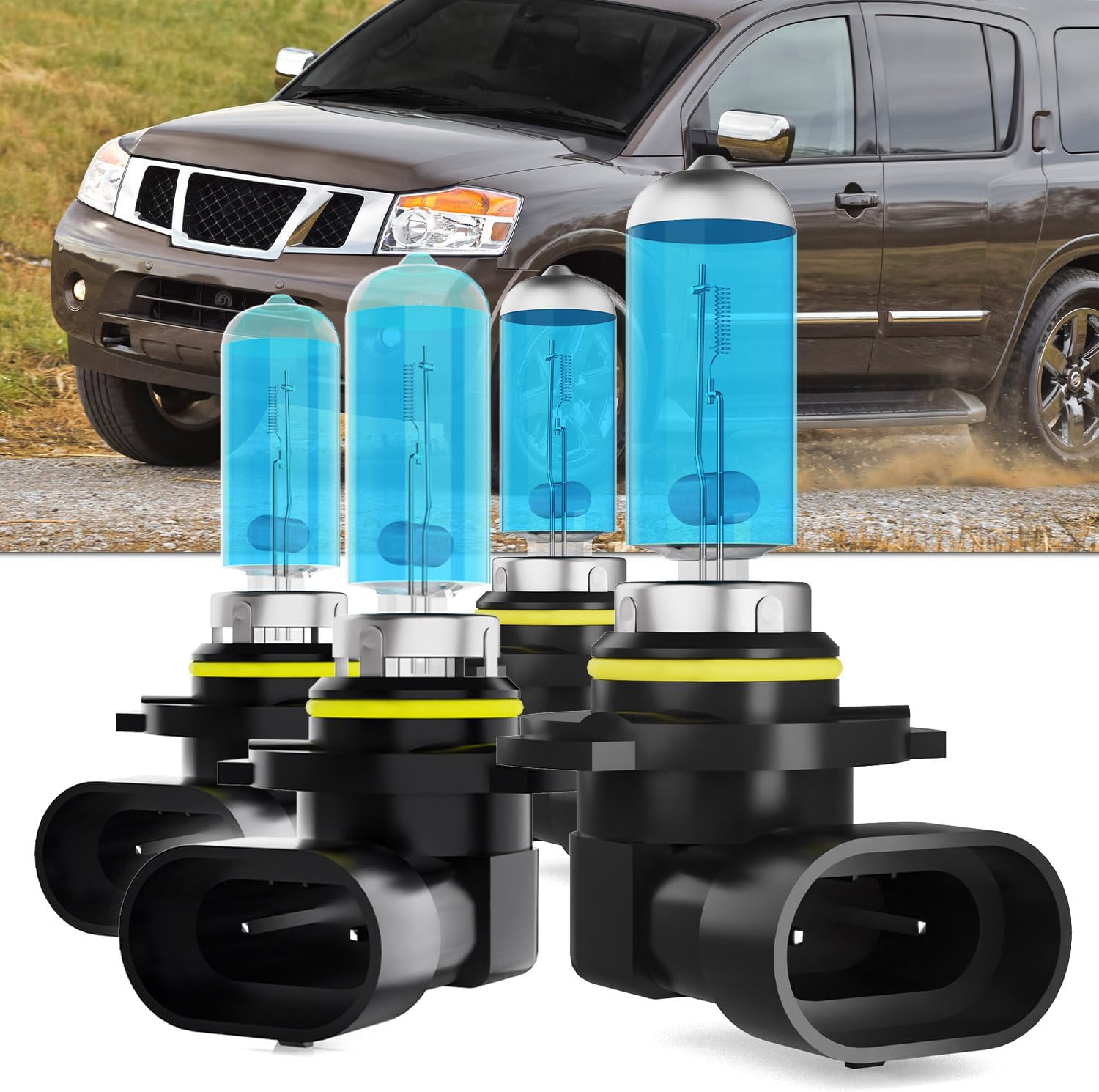 Upgraded Halogen Headlight Bulbs Fit For Nissan Armada 2005-2015,9005/H10/HB3 High Beam 9006/HB4 Low Beam High Performance Headlight Bulb,Super Bright 6000K White,Plug n Play,4-Pack