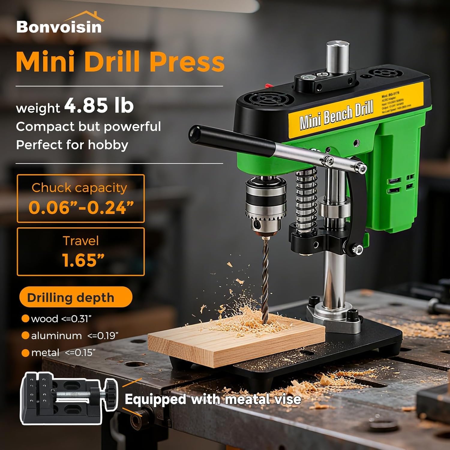 Bonvoisin Taladro de Columna de Banco 3415rpm Altura Regulable 1.65” | Doble Alimentación, Portabrocas 0,02"-0,24", Altura Ajustable 0-1,65", 3415rpm, Motor Cobre, Para Madera/Metal/Plástico
