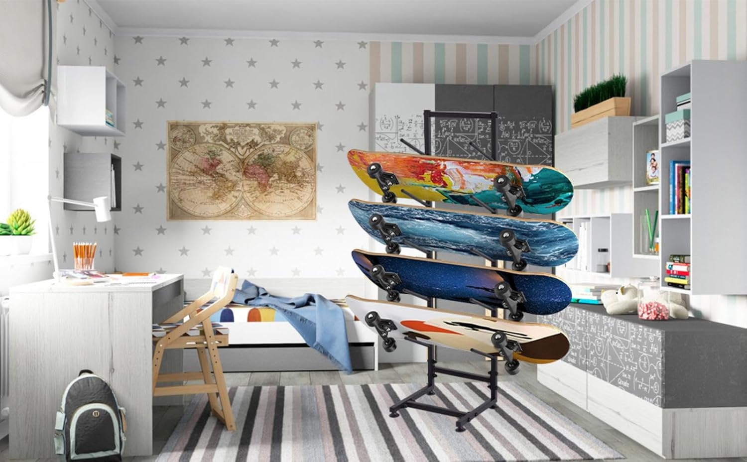 5 Tier Wall Mount Metal Skateboard Rack - Floor Standing Snowboard Rack for Skis, Skateboards, Scooters, Ideal Storage for Garage, Shop, Home, Room, Gym (30x30x110cm Black)