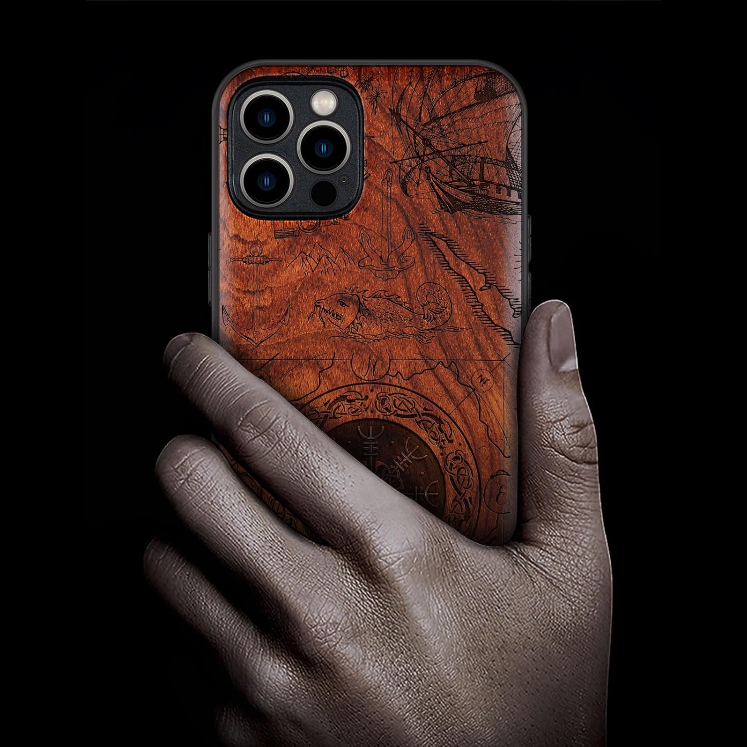 Carveit Magnetic Wood Case for iPhone 12 Pro Max Case [Natural Wood & Black Soft TPU] Shockproof Protective Unique Wooden Cover Compatible with MagSafe (Viking Shield -Rosy)