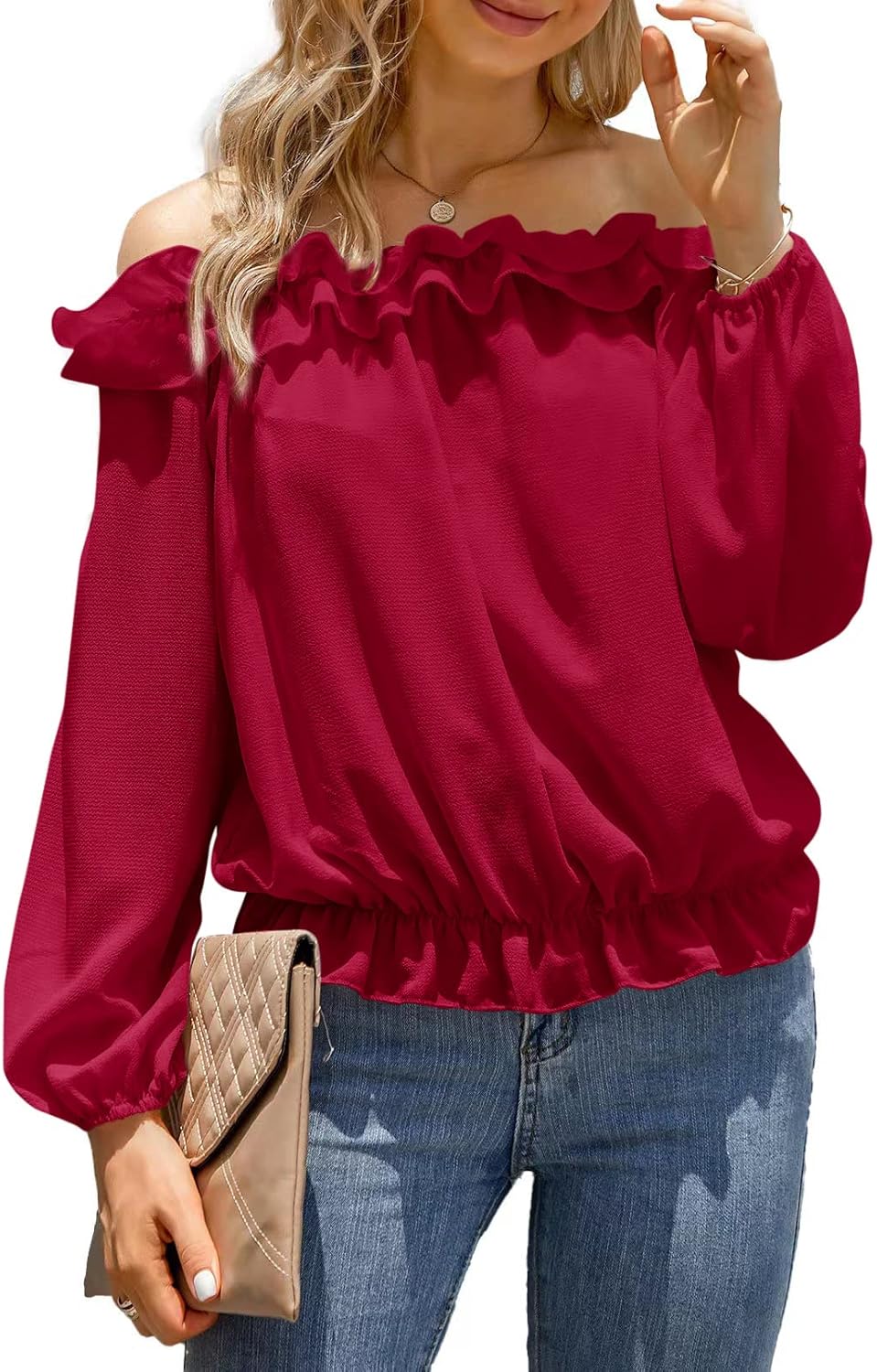 Womens Casual Off Shoulder Tops Long Sleeve Ruffle Flowy Chiffon Blouses Shirts - Image 2
