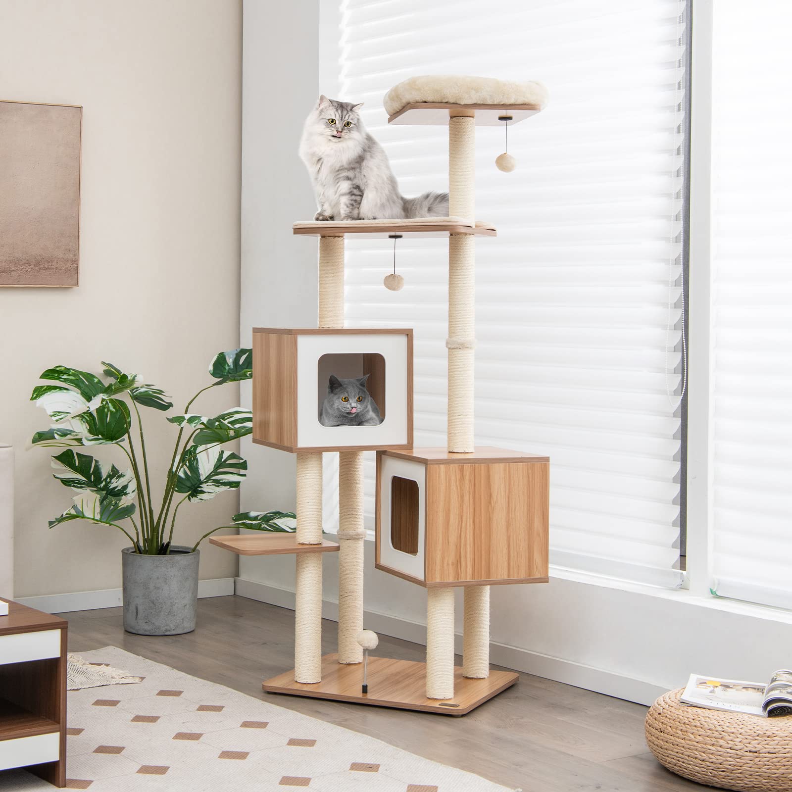 GOPLUS Árbol para Gatos de Varias Capas de 163 cm, Torre de Actividades para Gatos Escaladores en Interiores con Postes para Rascar, Plataforma Acolchada, 2 Condominios, 3 Bolas