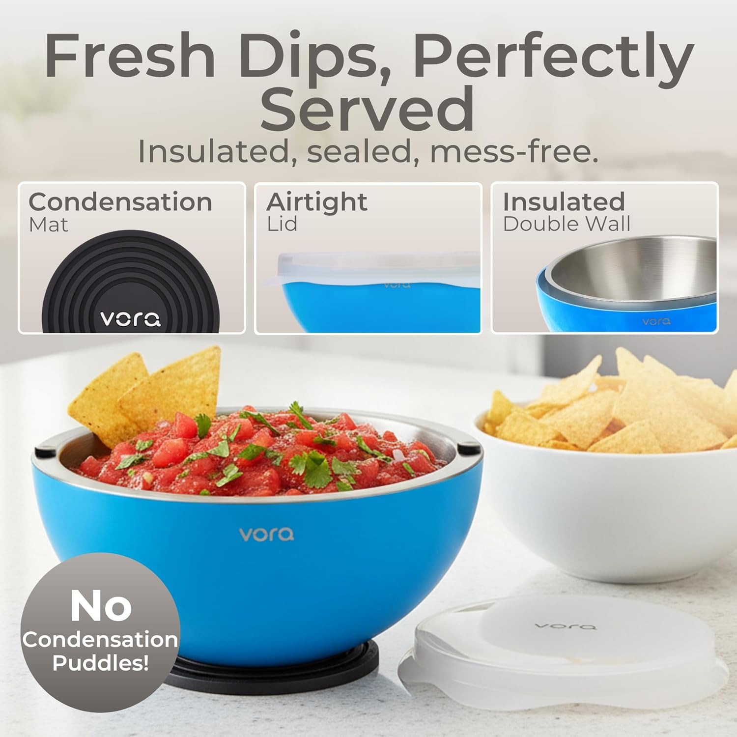 Vora 35oz Dip Chiller Bowl with Lid | 1 Pack Blue Stainless Steel Chilled Serving Bowl Keep Dips, Salads, and Appetizers Perfectly Cold with Leak-Resistant Ice Bowl for Effortless Hosting