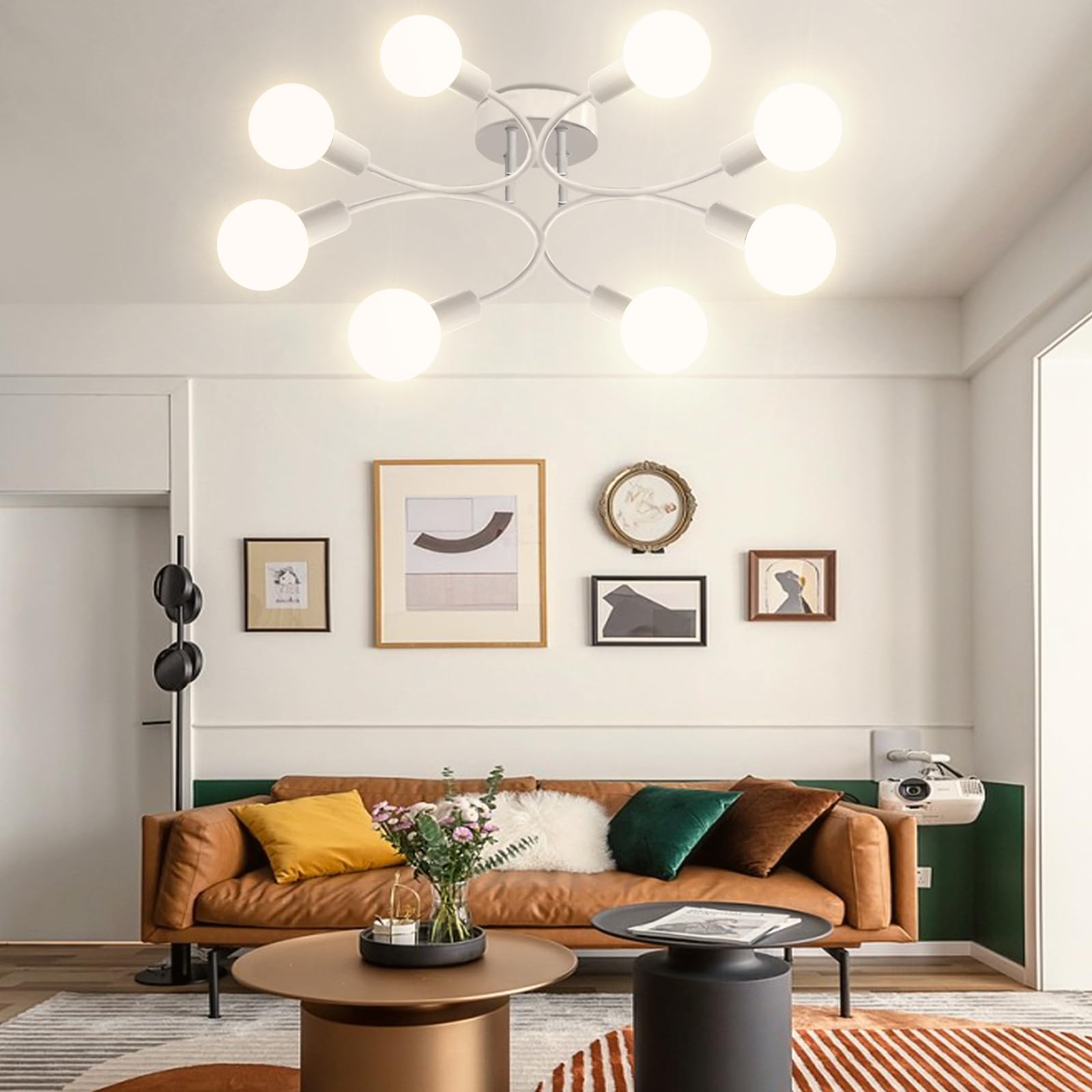 Lampadario Sputnik, 8 Luci Plafoniera Soffitto Vintage E27 Bianco | Lampada da Soffitto in Metallo,Lampadario Soggiorno Industriale per Camera da letto Soggiorno Cucina Escluse Lampadine