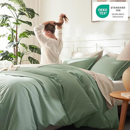 Miniatura 4 de Litanika - Juego de edredón de tamaño queen extragrande, 3 piezas, color verde salvia, ligero, unicolor, para todas las estaciones, esponjoso Verde