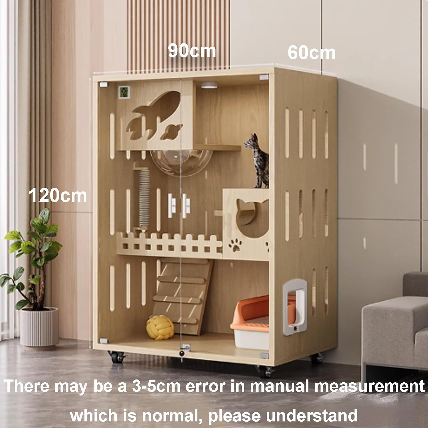 Cat Cage Wood, Cat Enclosures, Enclosed Cat Playpen, Catio Indoor Cat Enclosure with LED Night Light and Universal Wheels for Small Animals(White,90x60x120cm)