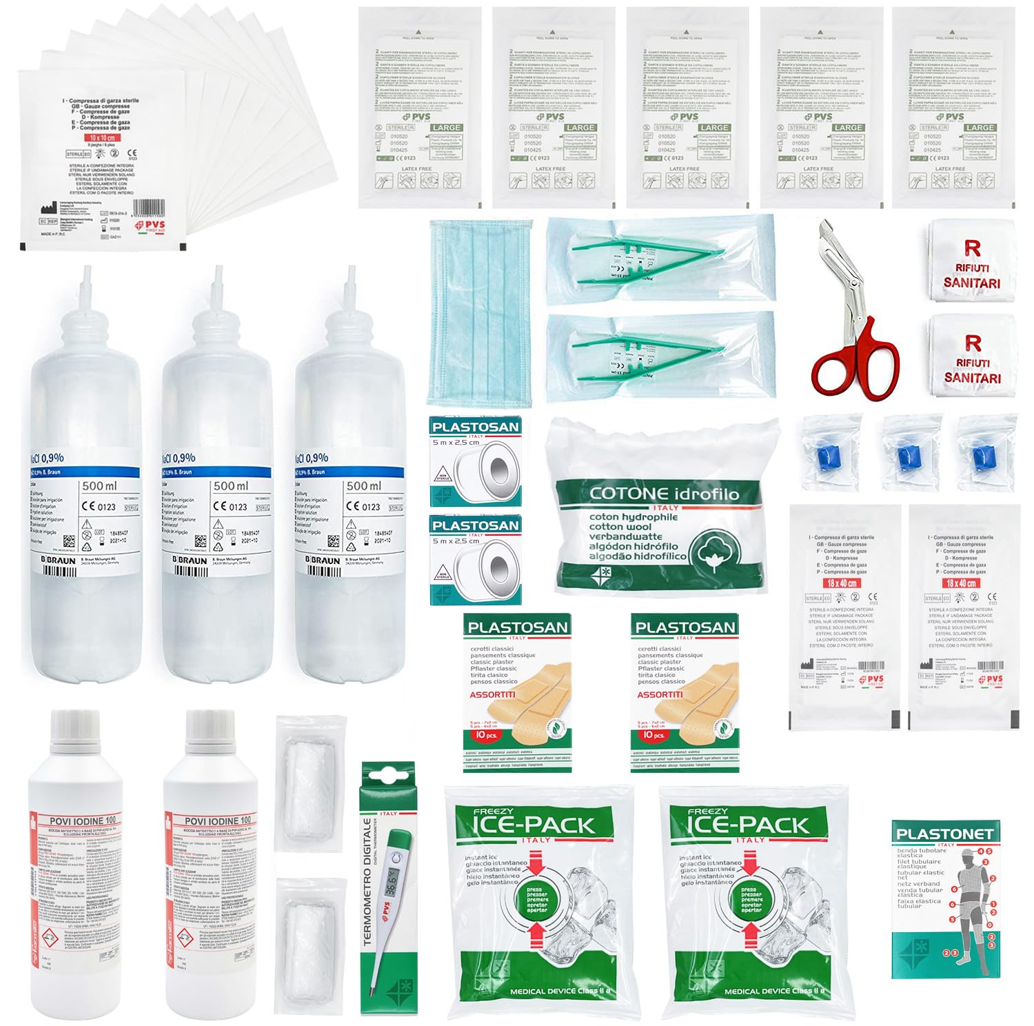 ONFARMA KIT DI REINTEGRO COMPLETO DI CARTELLO PRIMO SOCCORSO ricambio per cassetta medica pacco di medicazione SENZA MISURATORE DI PRESSIONE per aziende con 3 o più lavoratori D.M. 388 all.1