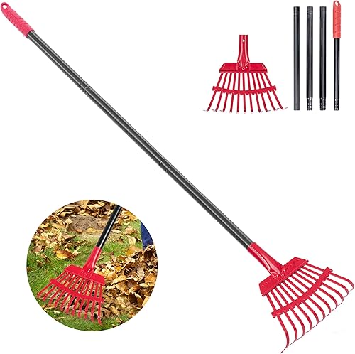 Rastrillo de hojas de jardín con mango de acero largo ajustable de 60 pulgadas, 11 dientes de metal de 8.8 pulgadas de ancho rastrillo de jardín