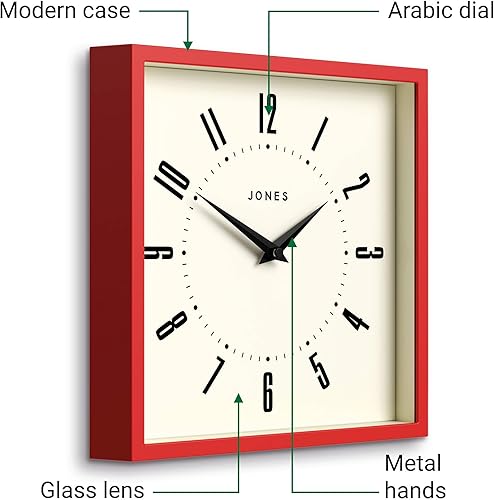 Miniatura 6 de JONES CLOCKS Reloj de pared de caja, reloj cuadrado retro, 10 pulgadas, rojo, números fáciles de leer, reloj de cocina o reloj de oficina perfecto