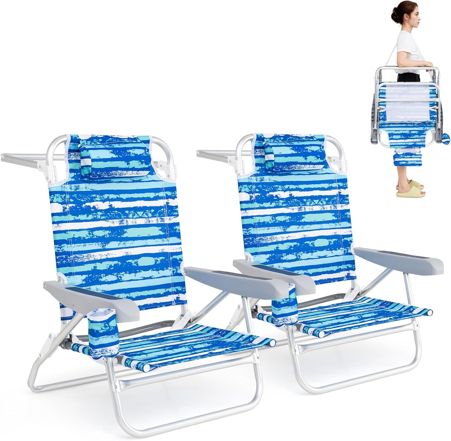 GYMAX 2-Pack Folding Beach Chairs with 5-Position Adjustable Backrest, Cup Holder, Headrest & Shoulder Strap - Portable Aluminum Loungers for Beach, Patio, Camping (Blue)