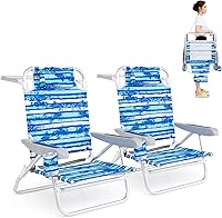 GYMAX 2-Pack Folding Beach Chairs with 5-Position Adjustable Backrest, Cup Holder, Headrest & Shoulder Strap - Portable Aluminum Loungers for Beach, Patio, Camping (Blue)
