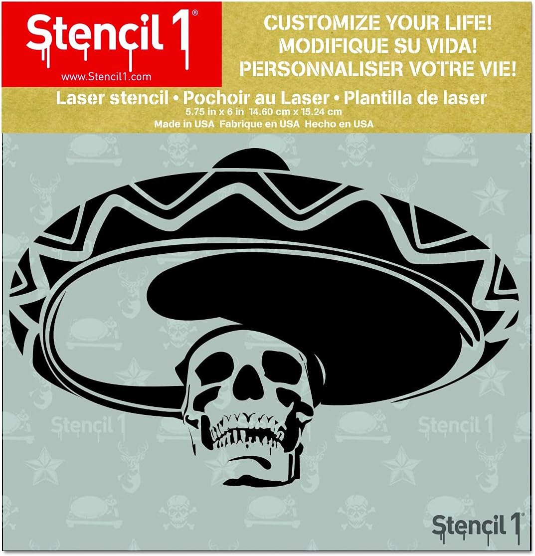 Stencil1 Mexican Skull Sombrero Stencil Durable Quality Reusable Stencils for Painting - Create Stencil Crafts and Decor - Decor on Walls Fabric & Furniture Recyclable Art Craft - 5.75" x 6"