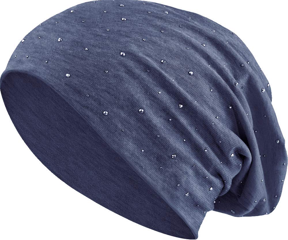 Balinco Jersey Cotton Elastic Long Slouch Beanie Unisex Men Ladies with Rhinestone Star Stones Beanie Heather in 35 (7) (Heather Grey-Blue)