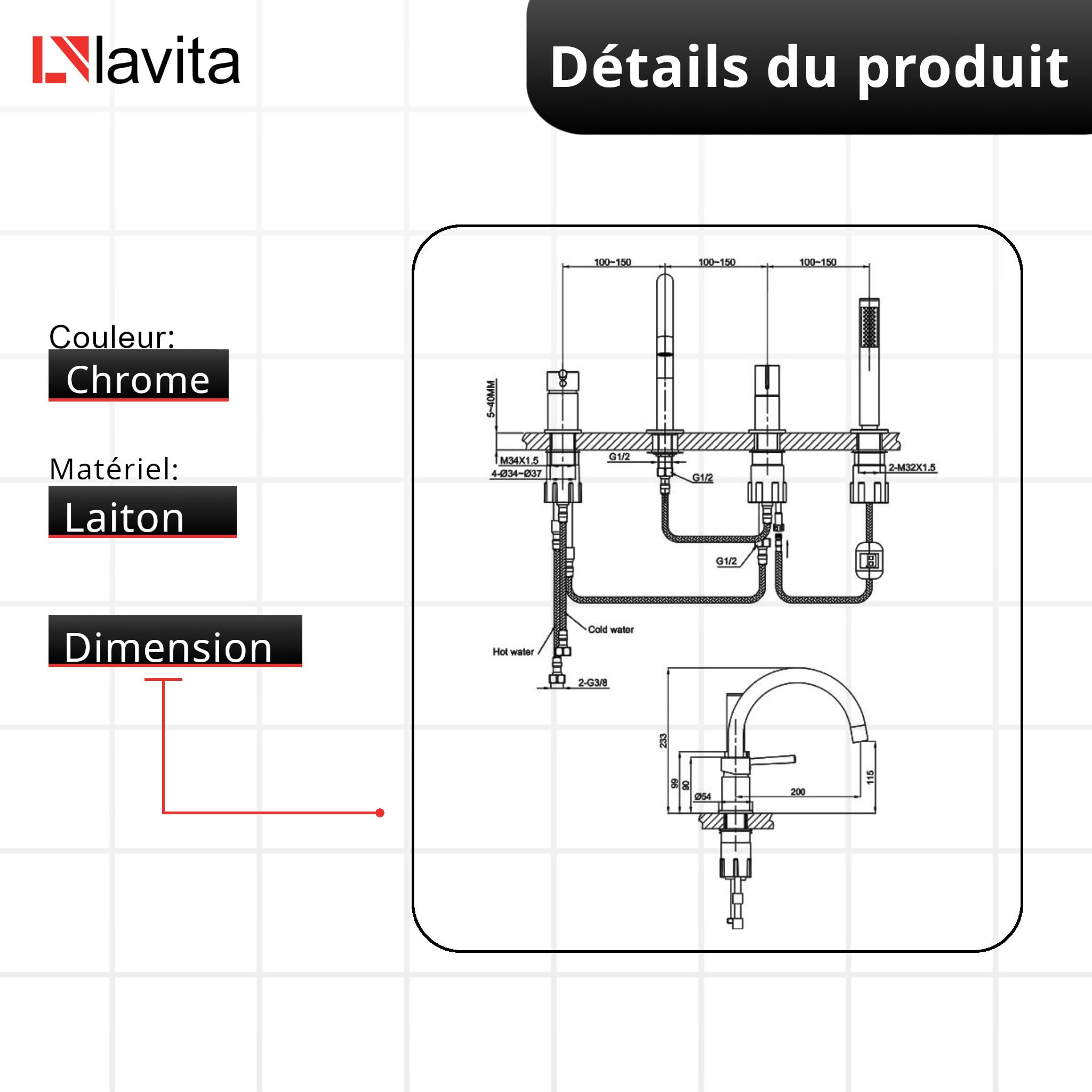 Lavita Orion Robinet de Baignoire 4 Trous Chromé | Design Luxueux Pour Salle de Bain