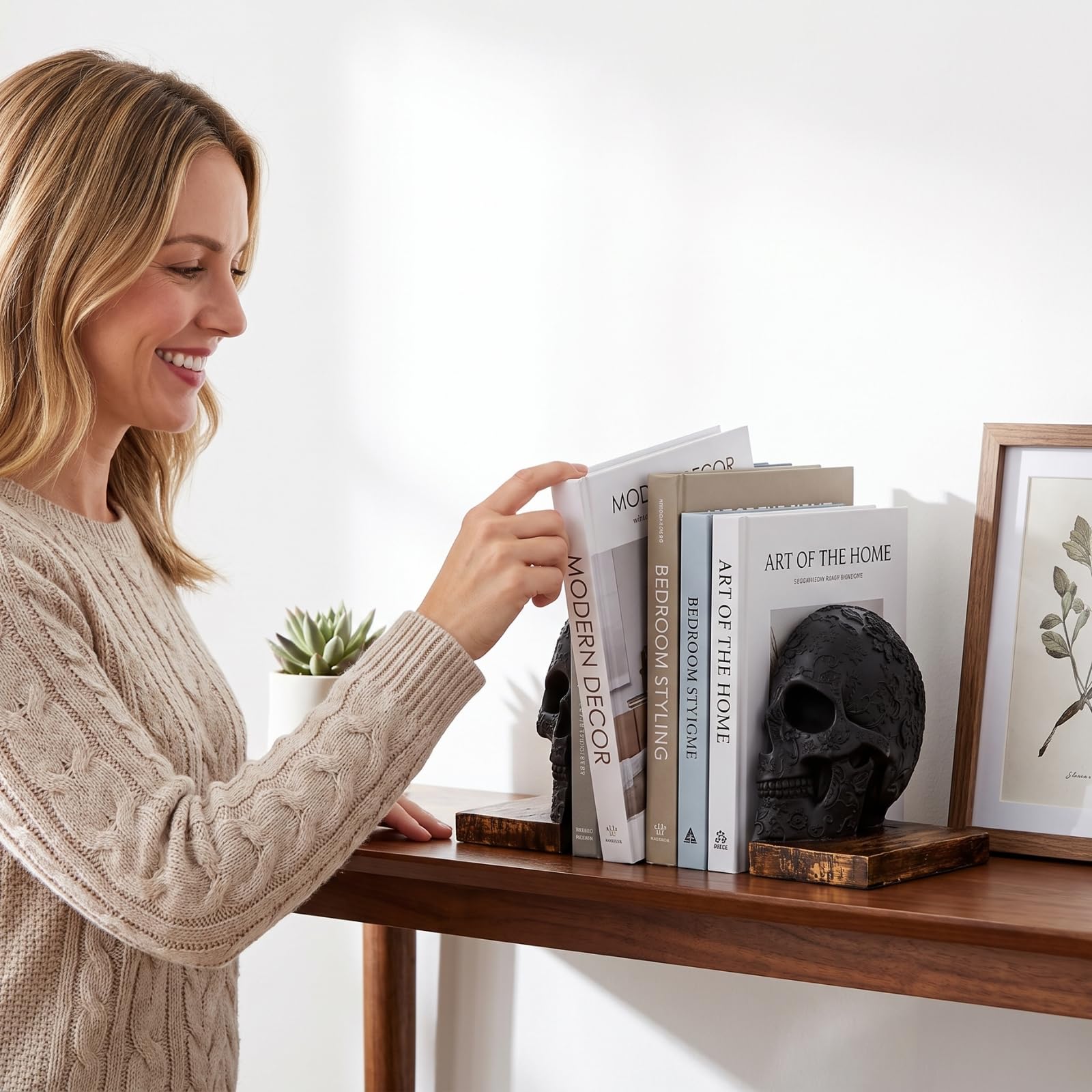 Skull Book Ends Gothic, Lifesize Human, wytrzymałe podpórki do książek na półki, ciężkie książki, czarna czaszka design podpórki do książek 7 x 5,1 x 6,3, upiorny wystrój