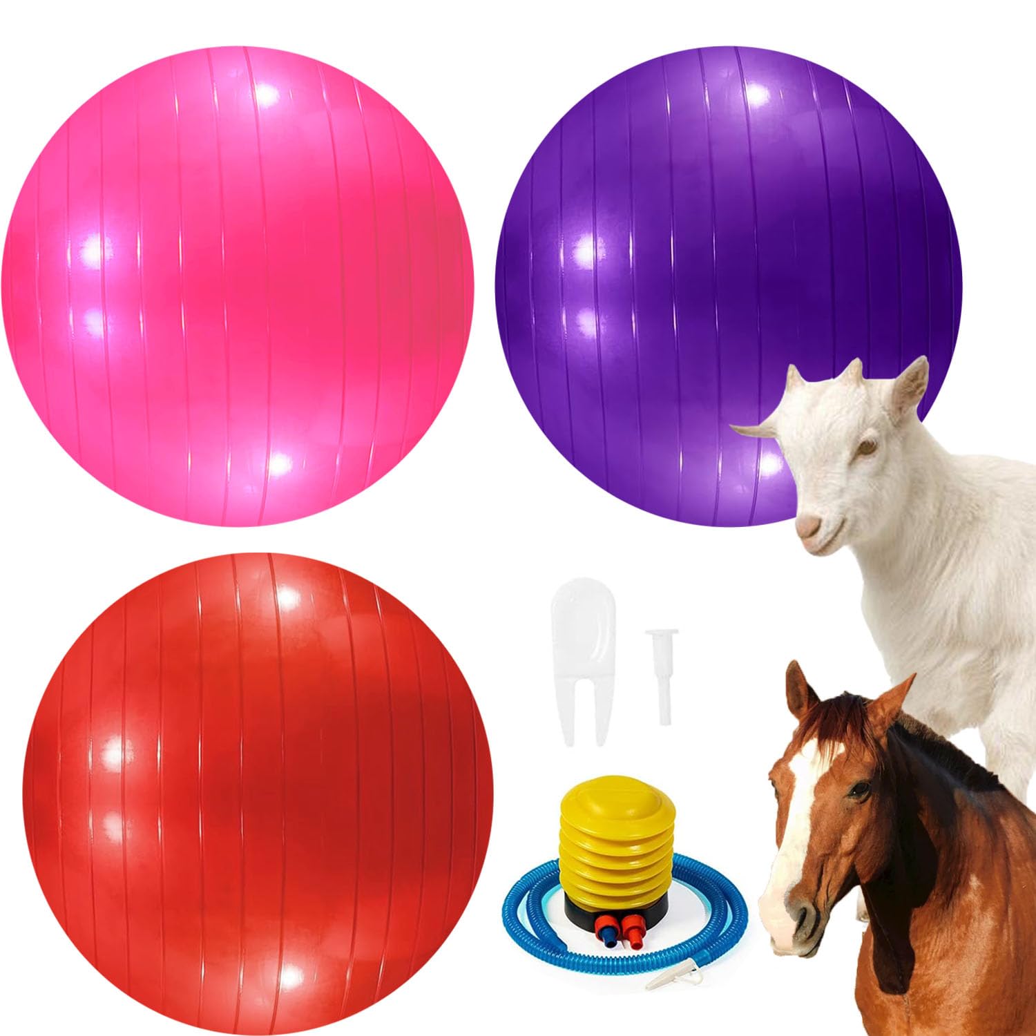 WoYous 3 Pieces Pet Goat Ball Lamb Toy Horse Ball Dog Training Exercise Ball Toy with Inflator Pump for Pet Dogs Goats Horses to Play in Outdoor Entertainment (Pink, Purple, red)