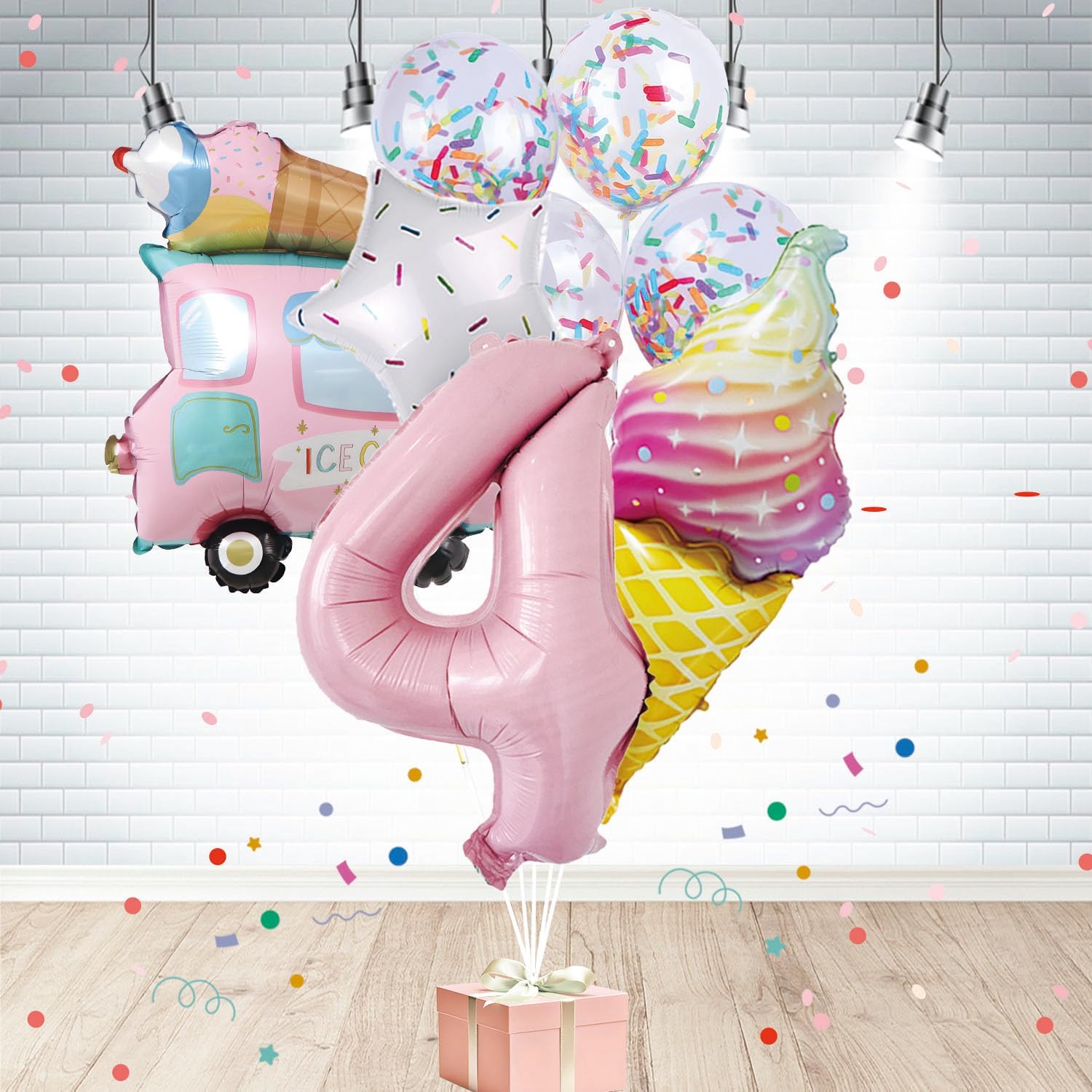Ice Cream Birthday Decorations, 8 Pcs Ice Cream Balloons 5th Birthday Decorations for Girls, 40 Inch Number 5 Foil Mylar Balloon,Confetti Balloons for Birthday Party Supplies Decor (pink five)