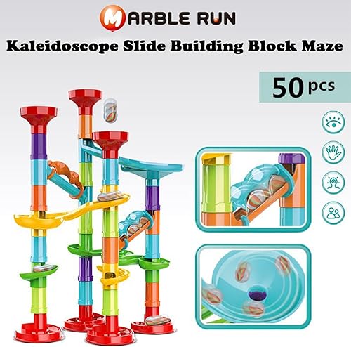 Miniatura 2 de Juego de 50 piezas de mármol de alta calidad, juguete educativo de bloques de construcción STEM, juego de carreras de pista de mármol con 15 canicas