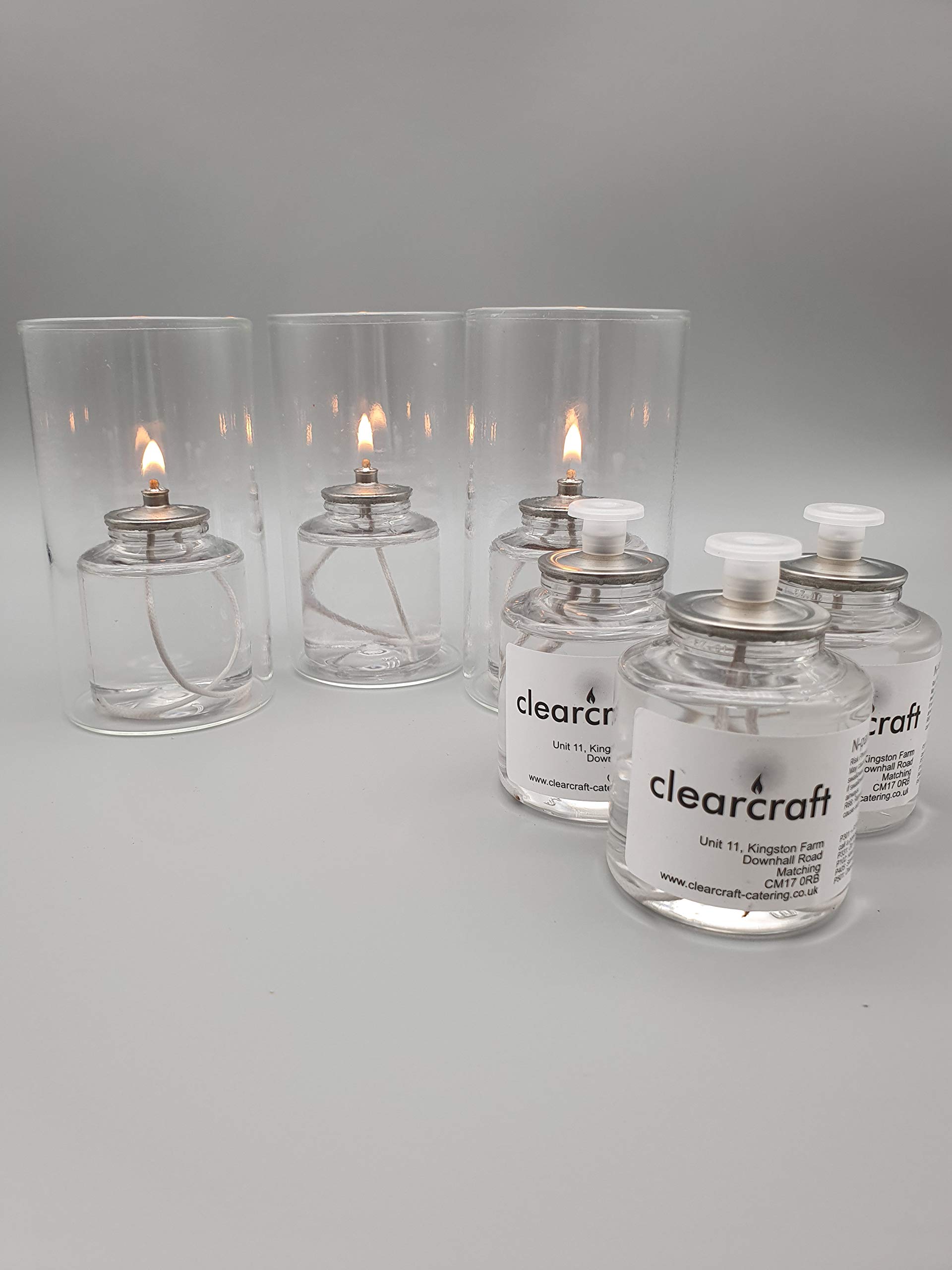 CLEARCRAFT 3 x Indoor Or Garden Oil Candle Burner Shades With 6 x 24 Hour Burning Time Smokeless, Odourless Liquid Wax Candles, Perfect Lights For Barbecuse (Clear)