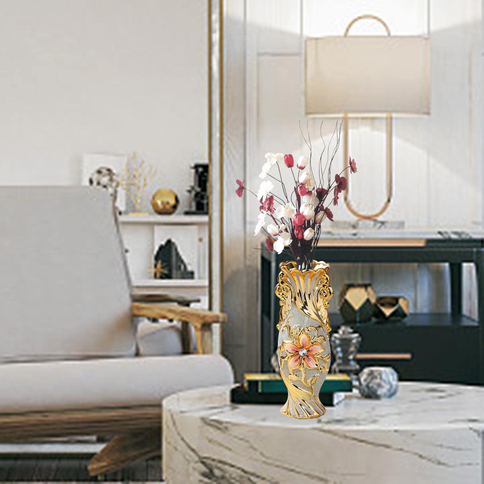Keramikvase Europäischer Stil Blumenvasen Deko Ornament Tischdeko Goldene Muster Eleganz Aus für Hochzeit Geschenk Wohnzimmer Büro Café Bar Re, Stile