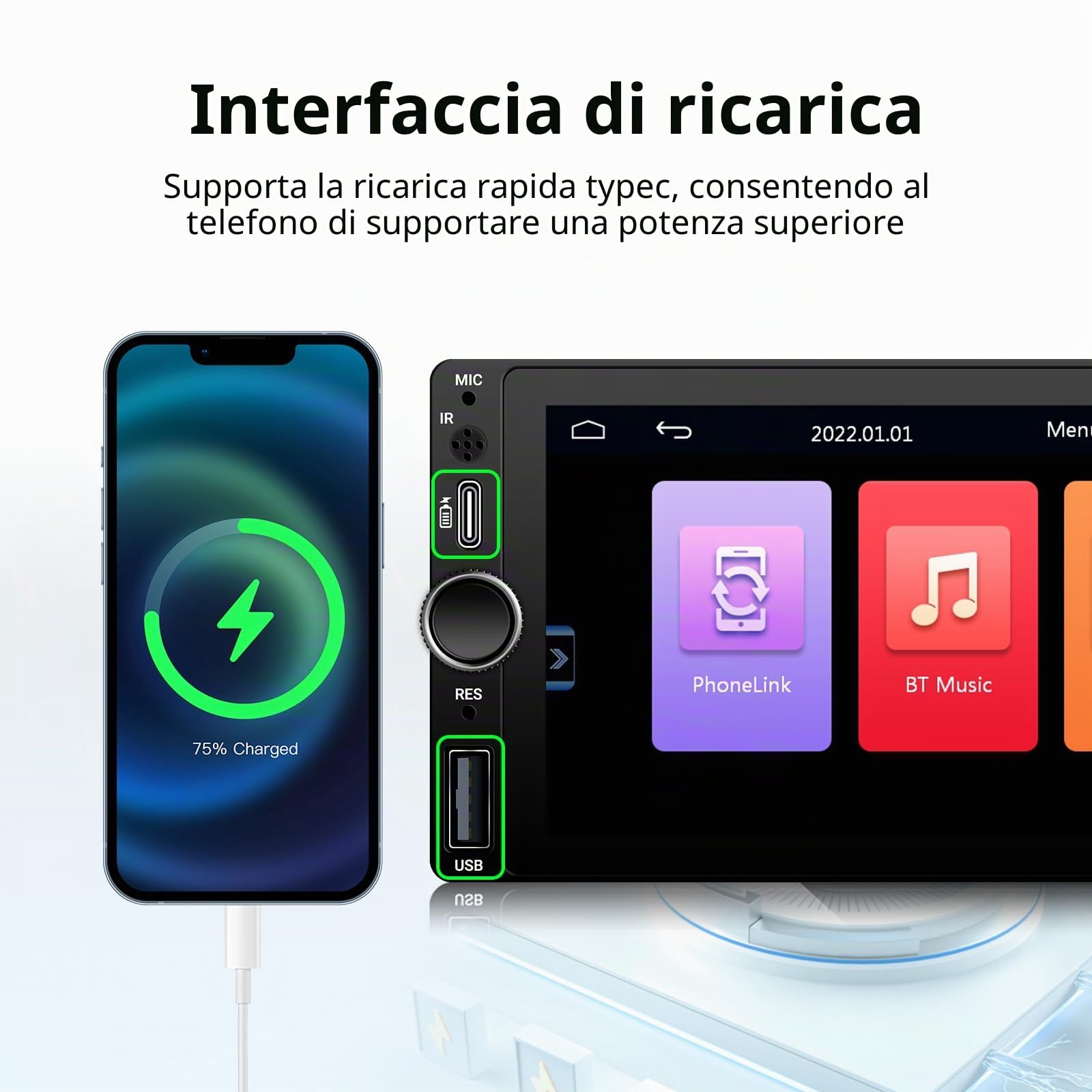 Autoradio 1 Din 6.86 Pollici con CarPlay e Android Auto Wireless Bluetooth | Schermo IPS MP5 fotocamera posteriore radio FM AM USB-C ricarica rapida e controllo volante per guida quotidiana