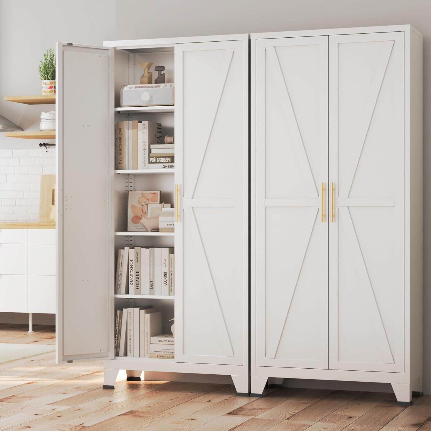 71" Tall Metal Storage Cabinet with Barn Doors and 4 Adjustable Shelves,5-Tier Large Kitchen Pantry Cabinet for Kitchen, Bathroom, Dining Room, Utility Room - White