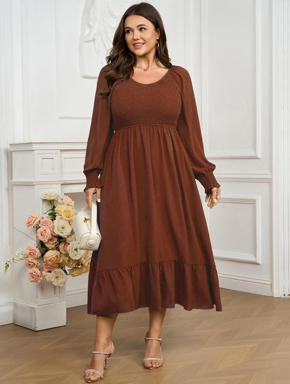 SCOMCHIC Women's Plus Size Maxi Dress Long Sleeve Square Neck Dress Casual Smocked Ruffle Swing Flowy Long Fall Dresses - Image 8