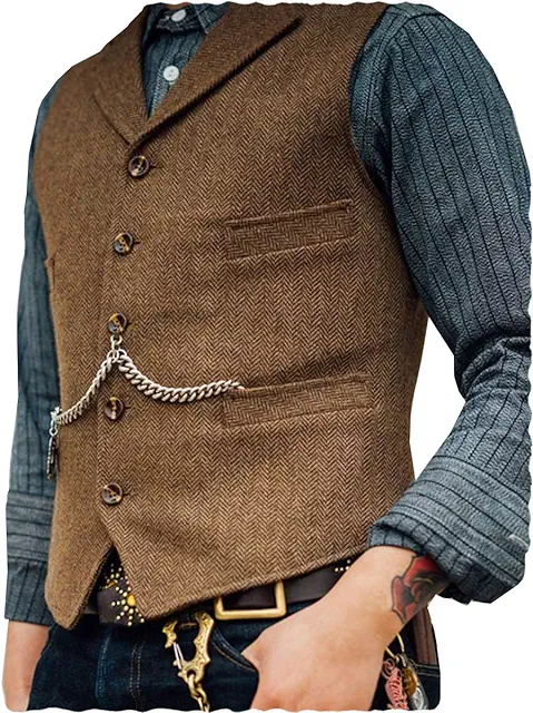 Gilet en laine sans manches rétro en tweed avec col en V et chevrons pour homme