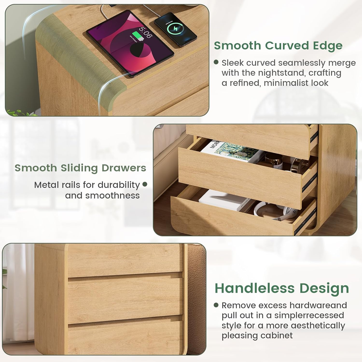Natural Curved Nightstand Set of 2, 23.2" Large Wood Bedside Table with 3 Drawers, Charging Station, Modern Side Table, Mid-Century End Table Night Stand for Bedroom Sofa, - Image 7