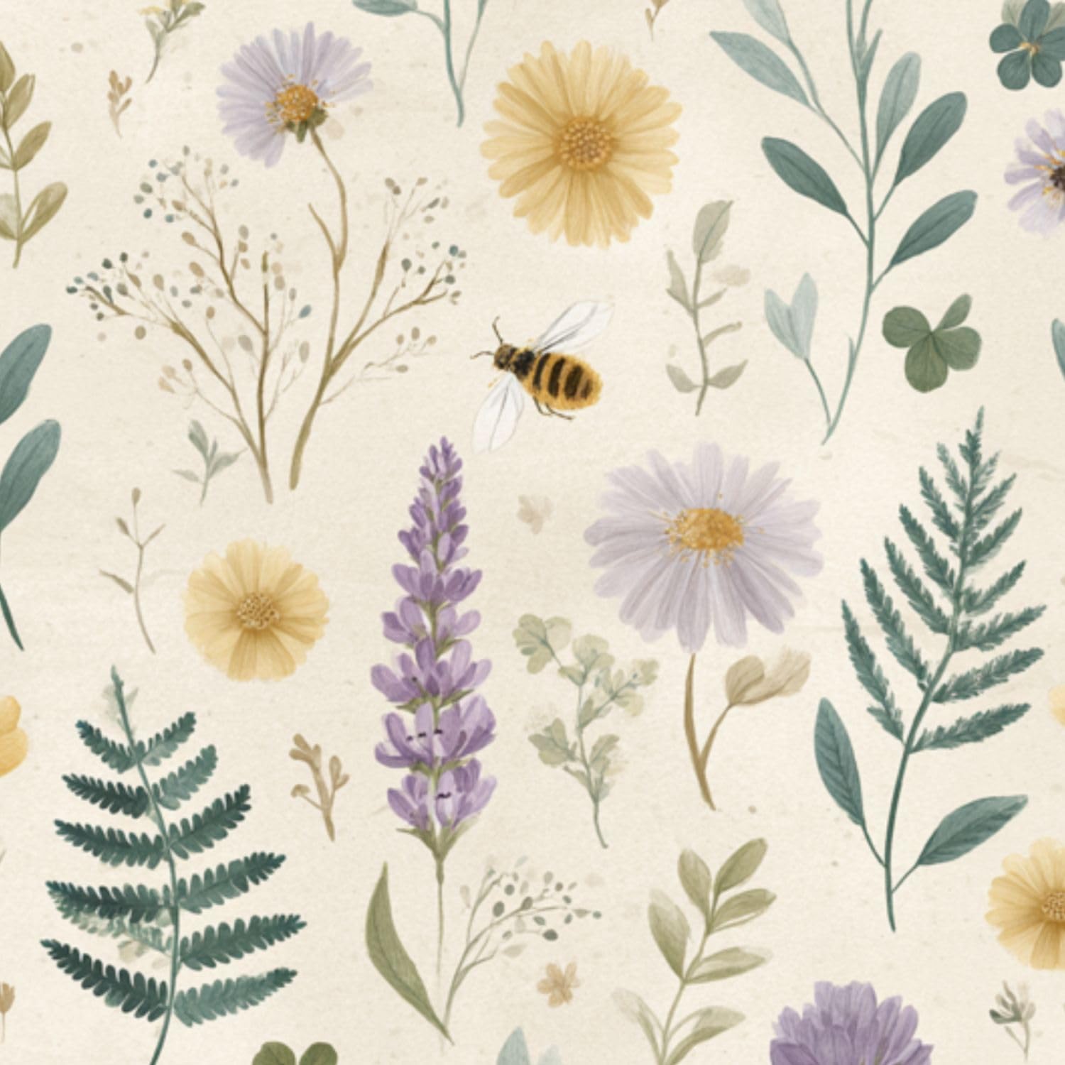 DERUINVAIO Self Adhesive Feature Removable Botanical Meadow Bees Fern Peel and Stick Vinyl Wallpaper Roll, Sticky Lining Paper for Bedroom, Living Room, Kitchen Walls