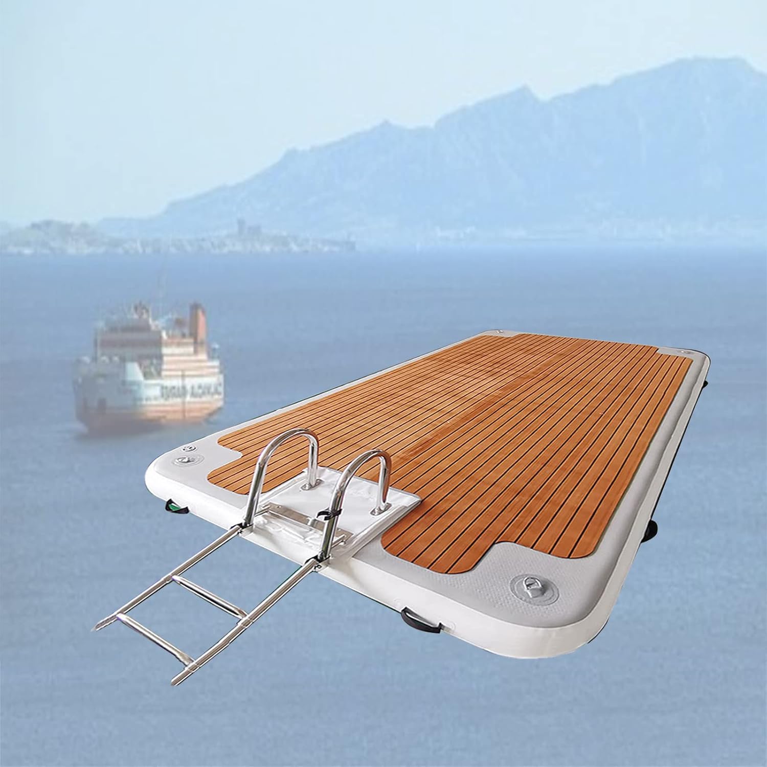 Water Inflatable Floating Bed Dock Floating Dock Raft, Water Wood Grain Design Thickened Air Cushion, 1.5 * 2.5M/5.0 * 8.2Ft