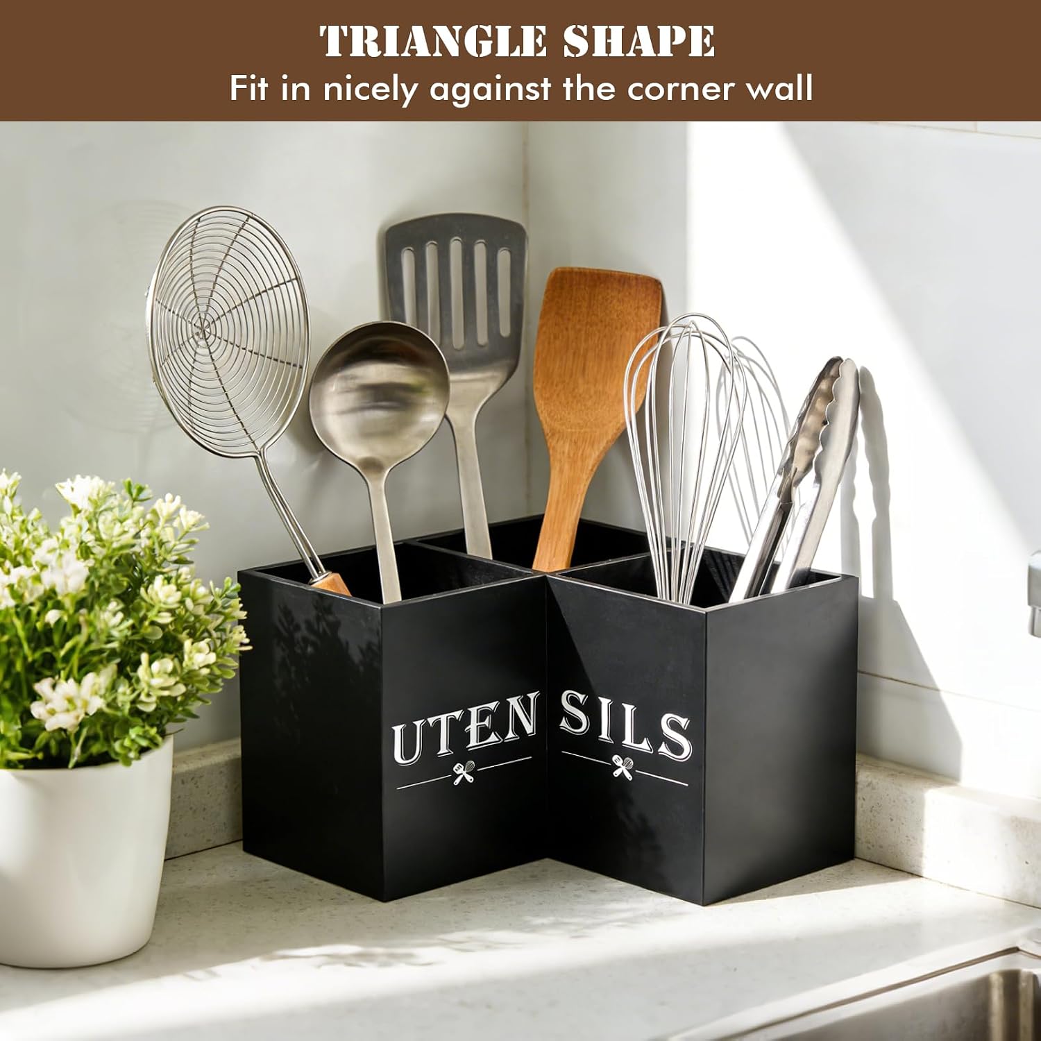 Large kitchen Utensil Holder, Wooden Utensil Organizer for Kitchen Countertop, Spatula and Spoon Cooking Holder with 3 Compartments, Black