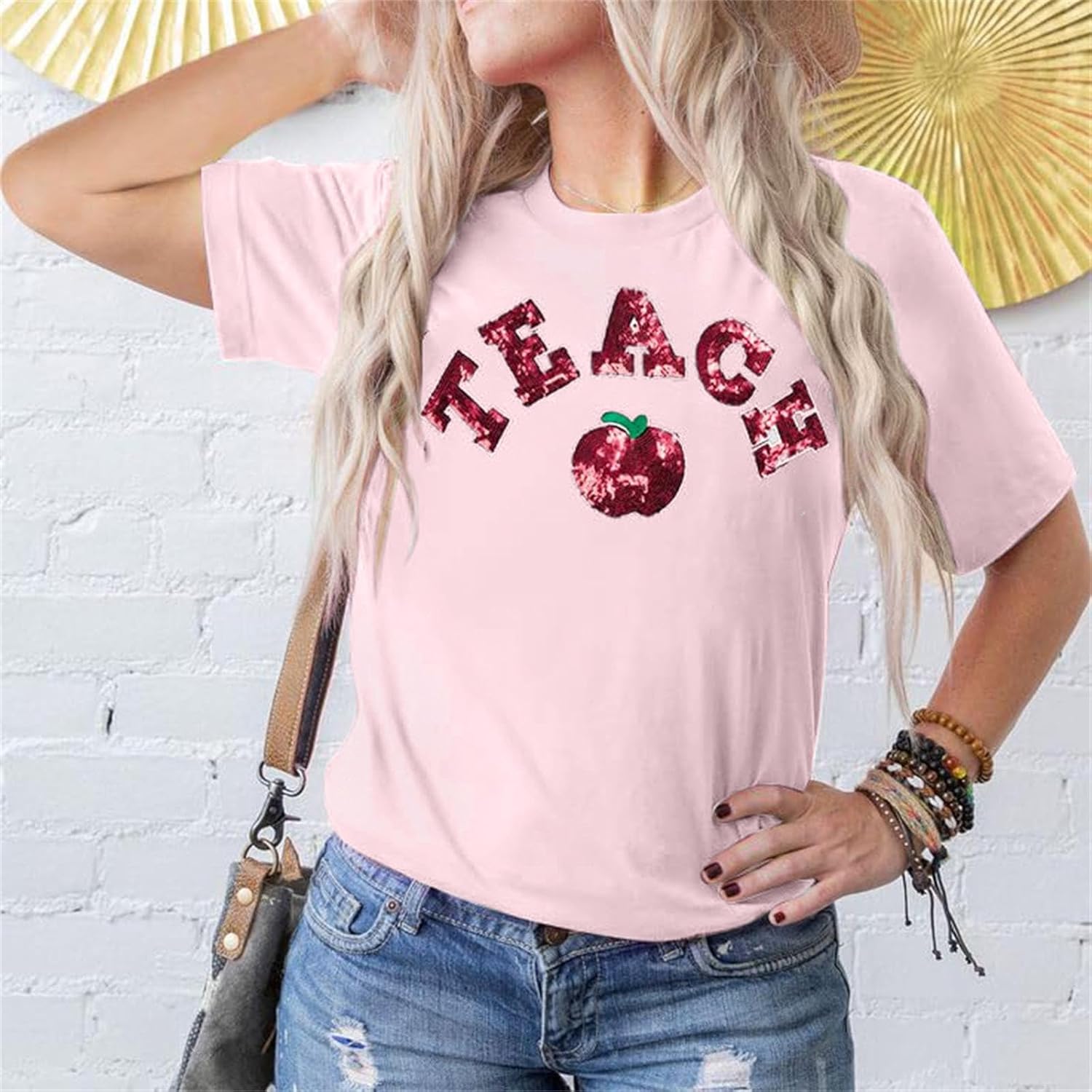 Teacher Shirt for Women Sequin Teach Apple T Shirt Back to School Shirt Kindness Tee Teaching Life Tops - Image 5
