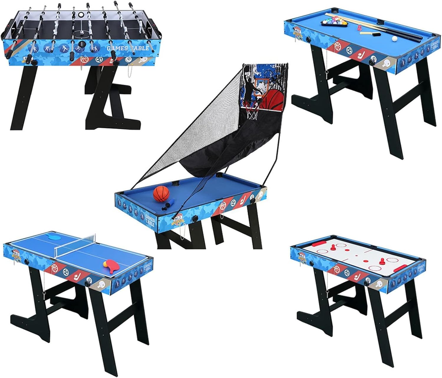 5-in-1 Multi Game Combination Table Set for Kids Table Tennis Table, Pool Table, Table Football, Slide Hockey, Basketball Shooting for Family Parent-Child Interactive for Kids (4ft, 1.2m)