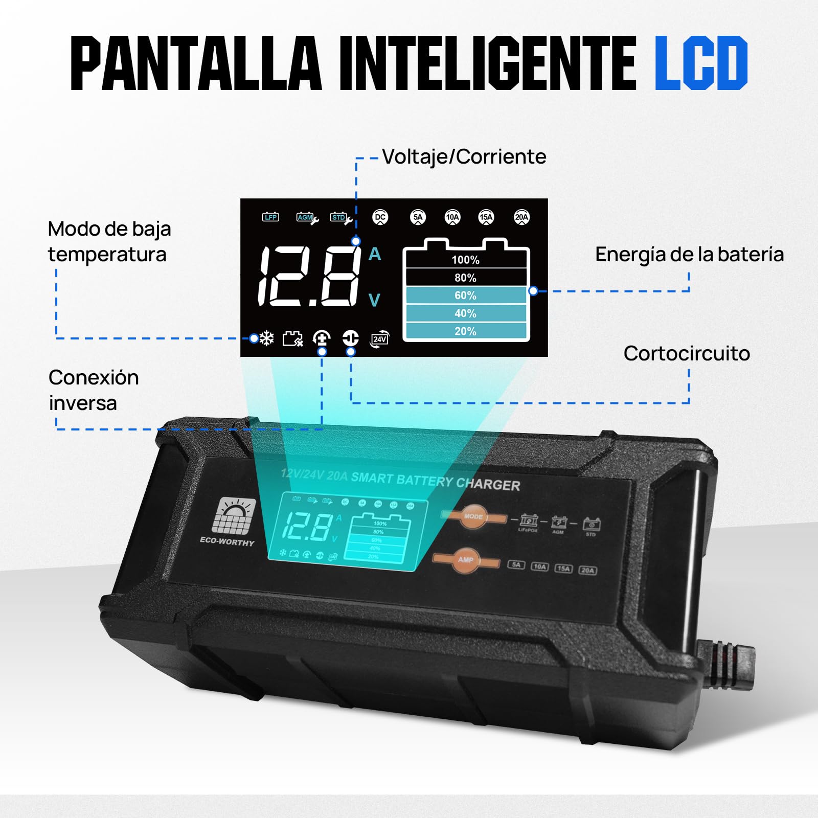 ECO-WORTHY 12 V/24 V 20 A Cargador de batería LiFePO4 con opciones multicanal 5 A/10 A/15 A/20 A, detección automática de voltaje de la batería Ploácido LiFePO4