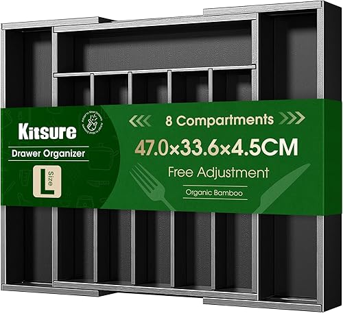 Kitsure Organizador de cubiertos – Organizador de cajones de cocina de bambú expandible para utensilios de cocina y cubiertos, organizadores de Negro