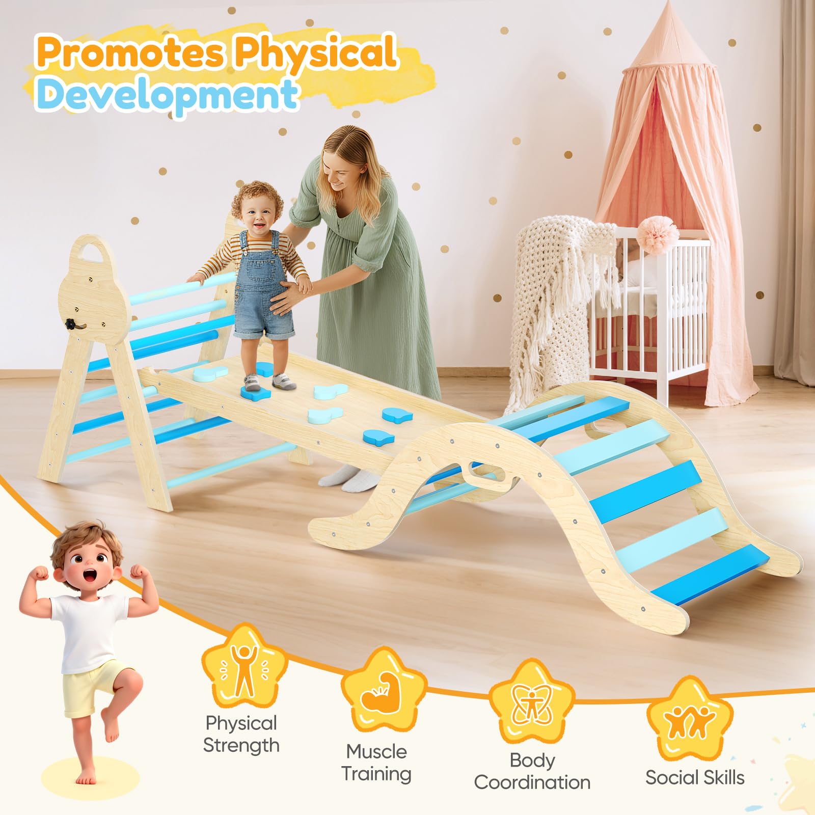 Montessori 7 en 1 estructura de escalada interior, triángulo de escalada con tobogán y arco de escalada, juguete de escalada de madera estable con alfombrilla de seguridad, parque infantil