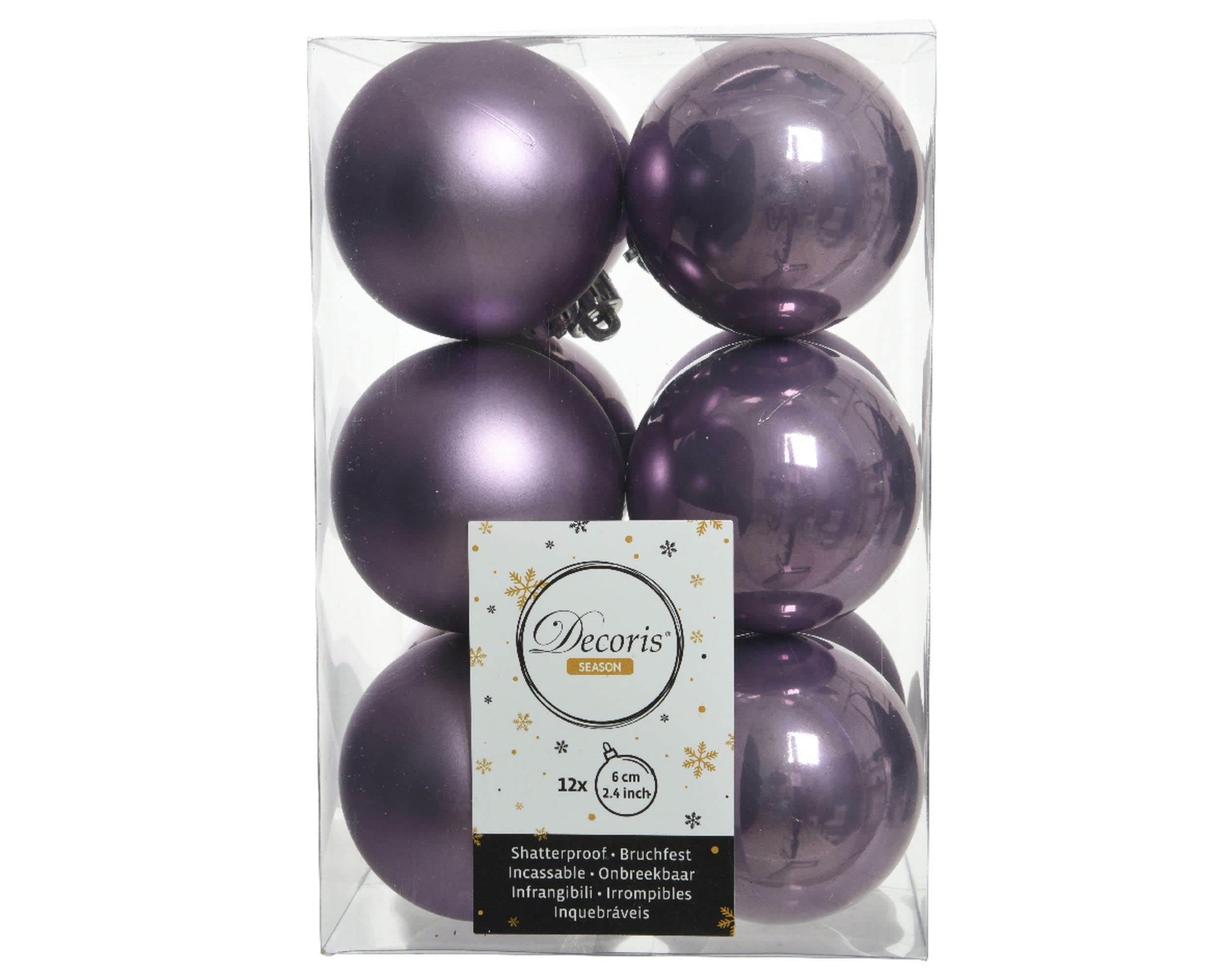 Kaemingk Heather Set Of 12 Lilac Christmas Baubles 6Cm Shatterproof Tree Ornaments Shiny Matt Decs